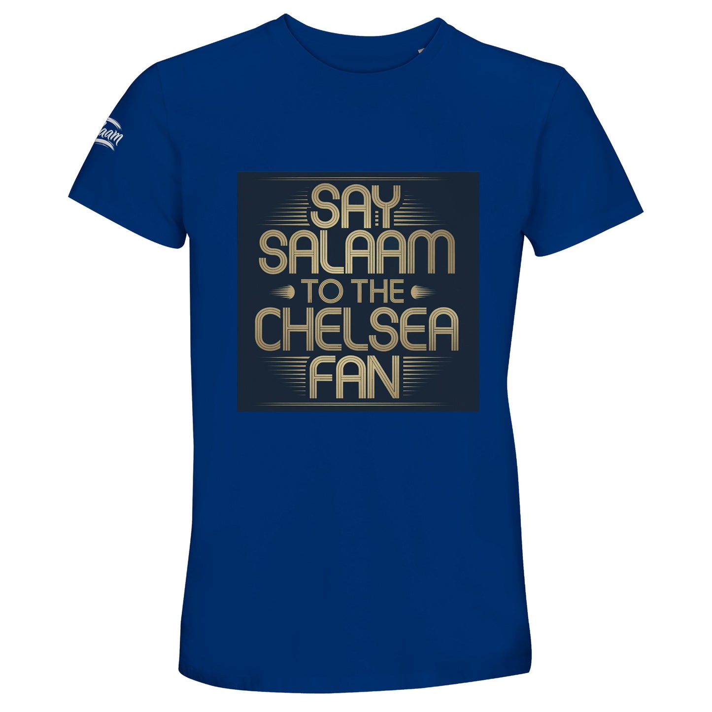 Royal Blue / Dark Midnight Blue unisex cotton t-shirt with the Say Salaam to the Chelsea Fan illustration front and centre. Created for Muslim Chelsea supporters who favour bold, classic football colours, this comfortable tee works for matchday or everyday outfits. Soft, breathable fabric and durable finish provide high quality at a cheap price. A modern alternative to vintage Chelsea Megastore shirts, blending strong slogan design with meaningful representation. Ideal for Eid or a Supporters Group gift.