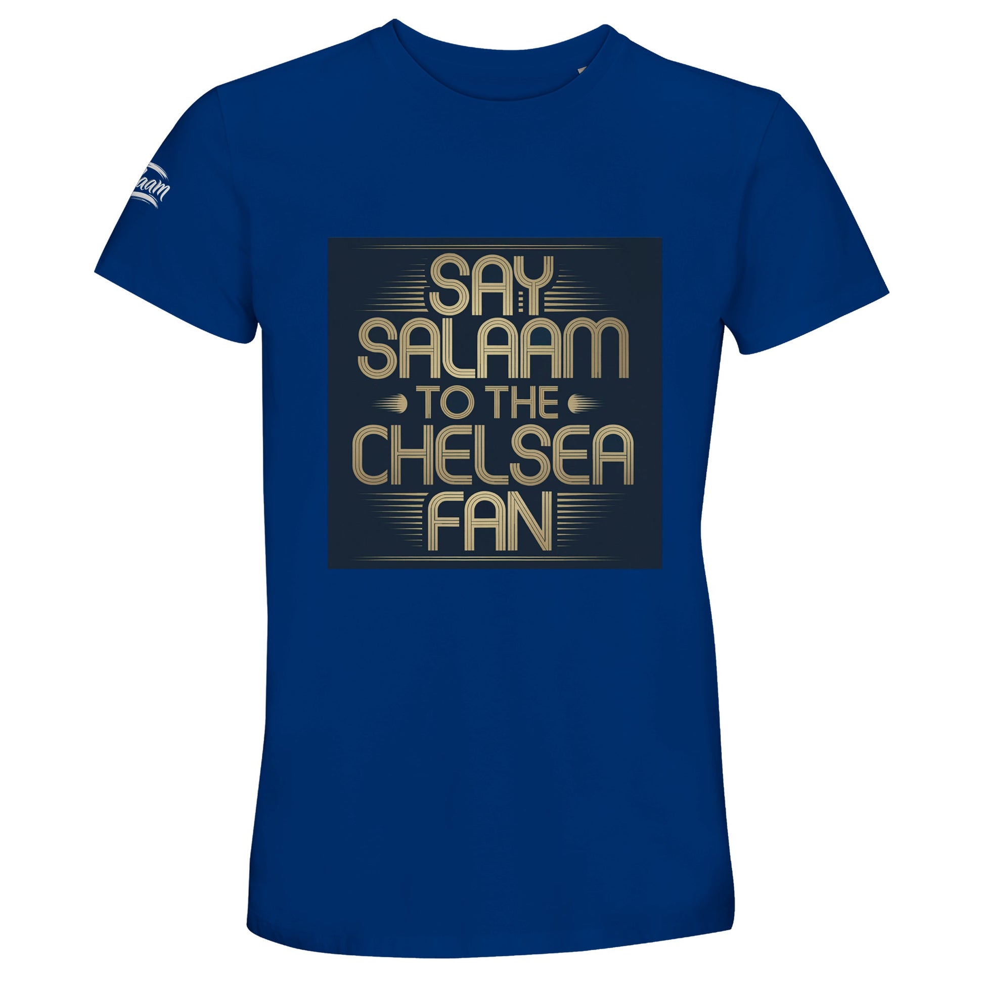 Royal Blue / Dark Midnight Blue unisex cotton t-shirt with the Say Salaam to the Chelsea Fan illustration front and centre. Created for Muslim Chelsea supporters who favour bold, classic football colours, this comfortable tee works for matchday or everyday outfits. Soft, breathable fabric and durable finish provide high quality at a cheap price. A modern alternative to vintage Chelsea Megastore shirts, blending strong slogan design with meaningful representation. Ideal for Eid or a Supporters Group gift.