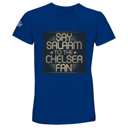 Royal Blue / Dark Midnight Blue unisex cotton t-shirt with the Say Salaam to the Chelsea Fan illustration front and centre. Created for Muslim Chelsea supporters who favour bold, classic football colours, this comfortable tee works for matchday or everyday outfits. Soft, breathable fabric and durable finish provide high quality at a cheap price. A modern alternative to vintage Chelsea Megastore shirts, blending strong slogan design with meaningful representation. Ideal for Eid or a Supporters Group gift.