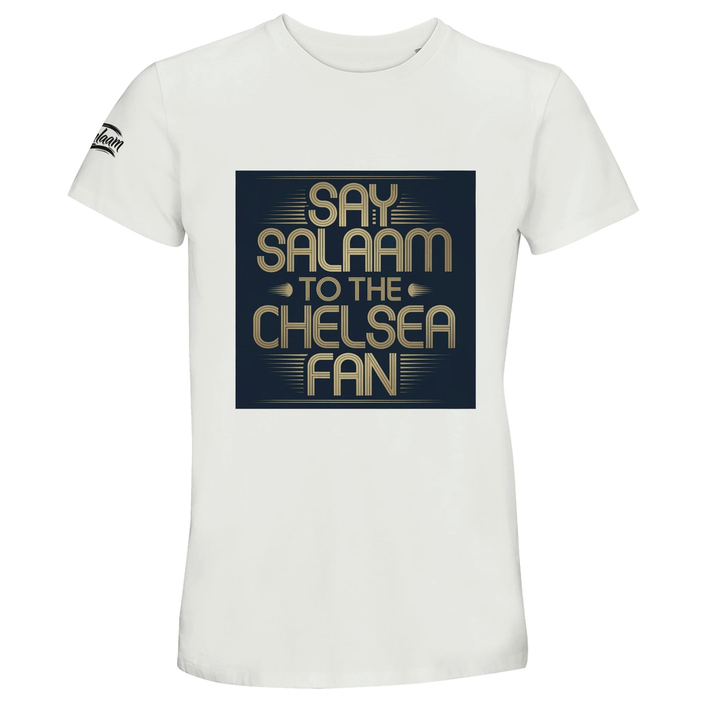 White / Platinum unisex cotton t-shirt featuring the bold Say Salaam to the Chelsea Fan square slogan illustration. Designed for Muslim Chelsea supporters who want a clean, standout football top, this comfortable crew neck tee blends matchday pride with everyday style. Soft, breathable and durable, it offers high quality at a cheap price. For fans browsing the Chelsea Megastore or searching for vintage designs, this delivers a fresh alternative with meaningful identity. An Eid or Supporters Group gift.