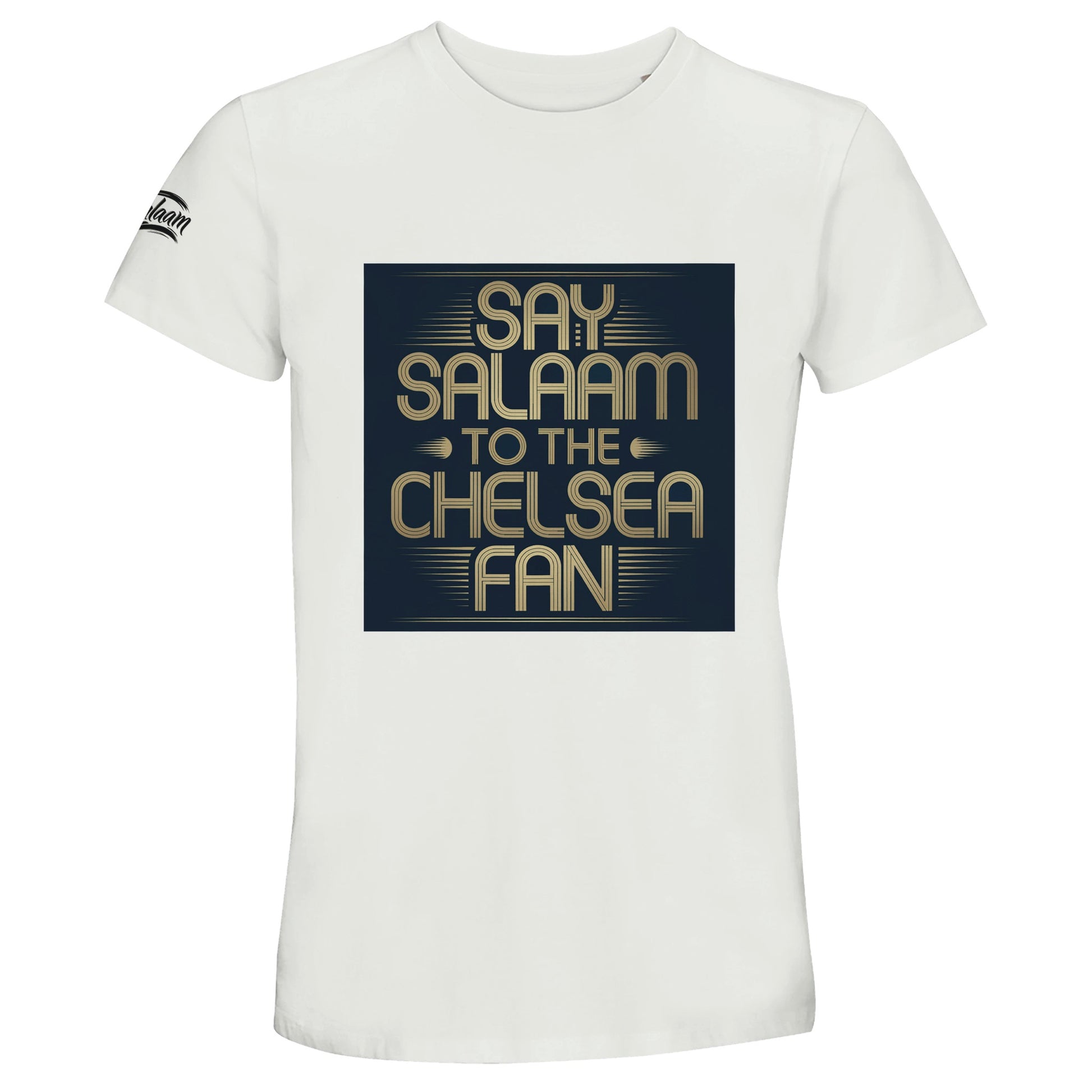 White / Platinum unisex cotton t-shirt featuring the bold Say Salaam to the Chelsea Fan square slogan illustration. Designed for Muslim Chelsea supporters who want a clean, standout football top, this comfortable crew neck tee blends matchday pride with everyday style. Soft, breathable and durable, it offers high quality at a cheap price. For fans browsing the Chelsea Megastore or searching for vintage designs, this delivers a fresh alternative with meaningful identity. An Eid or Supporters Group gift.