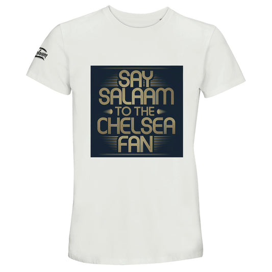 White / Platinum unisex cotton t-shirt featuring the bold Say Salaam to the Chelsea Fan square slogan illustration. Designed for Muslim Chelsea supporters who want a clean, standout football top, this comfortable crew neck tee blends matchday pride with everyday style. Soft, breathable and durable, it offers high quality at a cheap price. For fans browsing the Chelsea Megastore or searching for vintage designs, this delivers a fresh alternative with meaningful identity. An Eid or Supporters Group gift.