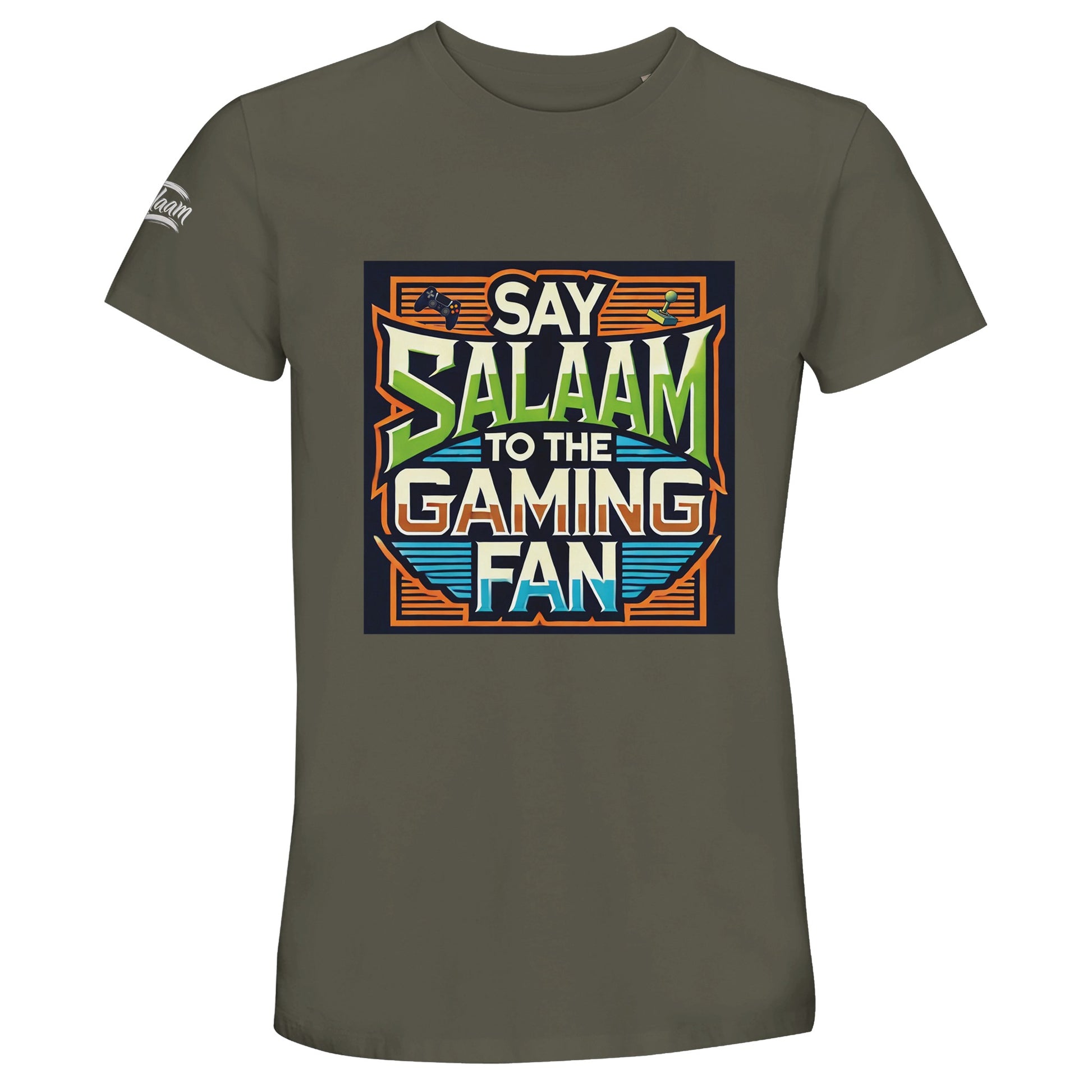 Army / Fuscous Grey Say Salaam to the Gaming Fan Design #1 50% Recycled Unisex Cotton T-Shirt featuring bold retro arcade-style typography and framed console artwork. Designed for Muslim gamers balancing five daily prayers with multiplayer tournaments, PlayStation and Xbox sessions, FIFA leagues and Call of Duty matches. Soft recycled cotton crew neck ideal for esports events, streaming setups and modest Islamic streetwear collections.