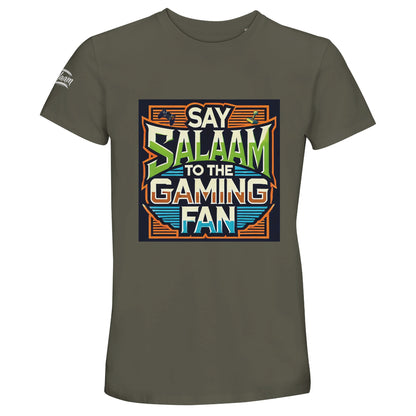 Army / Fuscous Grey Say Salaam to the Gaming Fan Design #1 50% Recycled Unisex Cotton T-Shirt featuring bold retro arcade-style typography and framed console artwork. Designed for Muslim gamers balancing five daily prayers with multiplayer tournaments, PlayStation and Xbox sessions, FIFA leagues and Call of Duty matches. Soft recycled cotton crew neck ideal for esports events, streaming setups and modest Islamic streetwear collections.