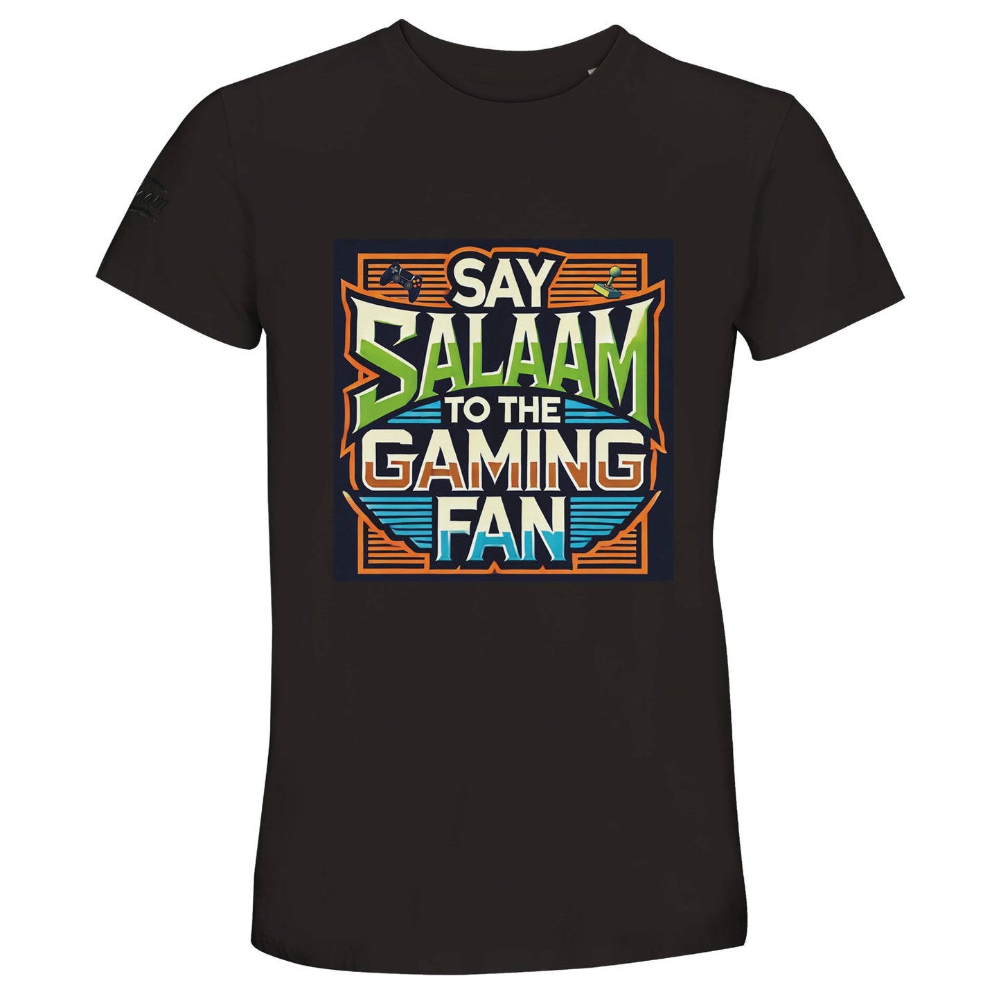 Deep Black / Zeus Say Salaam to the Gaming Fan Design #1 50% Recycled Unisex Cotton T-Shirt displaying striking retro arcade typography and gaming controller artwork. Created for Muslim gamers balancing five daily prayers with competitive multiplayer sessions, FIFA competitions and Call of Duty gameplay. Comfortable recycled cotton crew neck ideal for esports events and modest Islamic clothing collections.