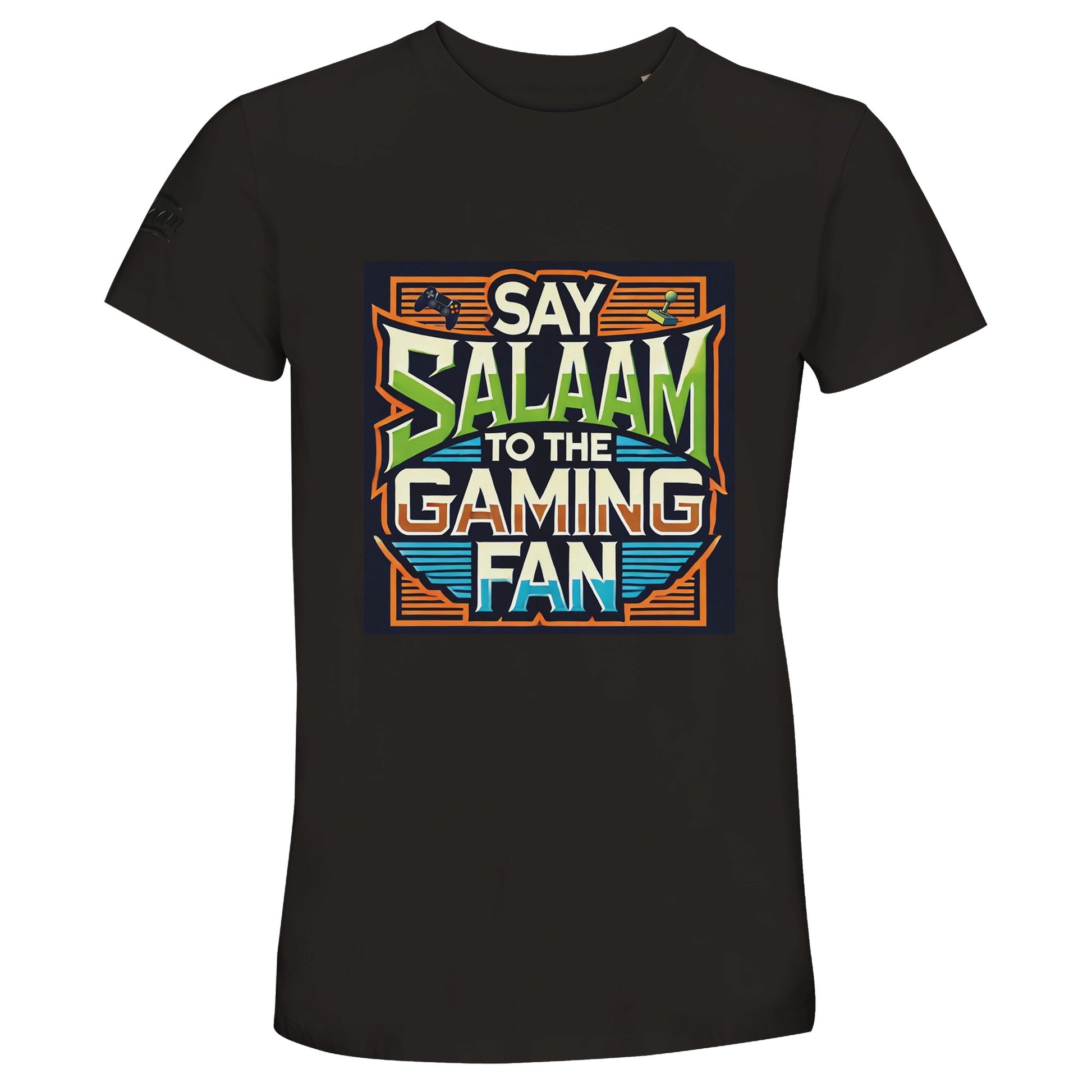 Deep Black / Zeus Say Salaam to the Gaming Fan Design #1 50% Recycled Unisex Cotton T-Shirt displaying striking retro arcade typography and gaming controller artwork. Created for Muslim gamers balancing five daily prayers with competitive multiplayer sessions, FIFA competitions and Call of Duty gameplay. Comfortable recycled cotton crew neck ideal for esports events and modest Islamic clothing collections.