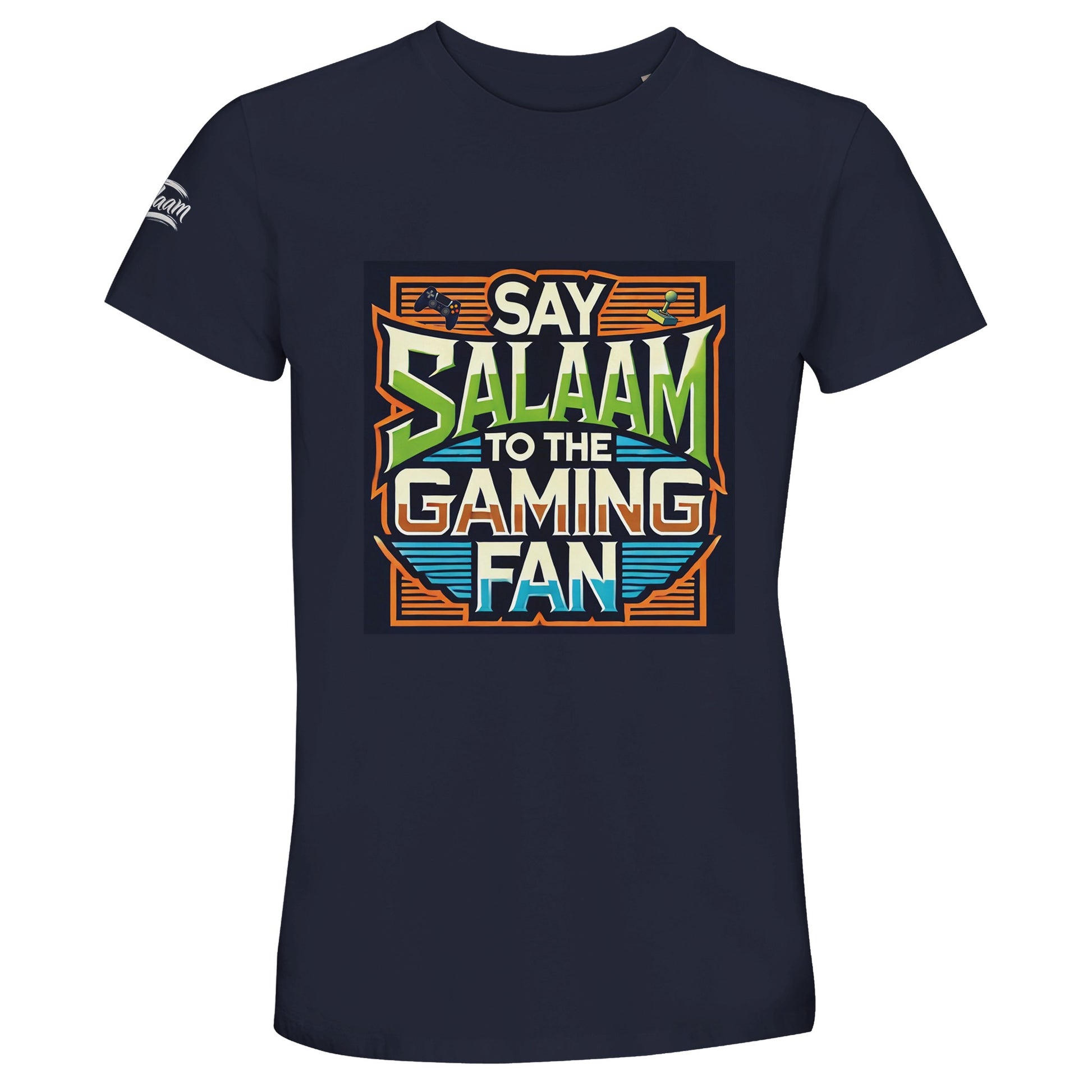 French Navy / Ebony Clay Say Salaam to the Gaming Fan Design #1 50% Recycled Unisex Cotton T-Shirt featuring vintage arcade-style lettering and bold console design on a deep navy base. Designed for Muslim gamers navigating five prayers alongside multiplayer tournaments and PlayStation sessions. Soft recycled cotton fabric perfect for esports competitions and modest Muslim streetwear.