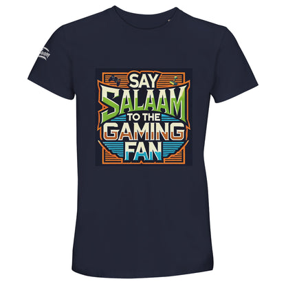 French Navy / Ebony Clay Say Salaam to the Gaming Fan Design #1 50% Recycled Unisex Cotton T-Shirt featuring vintage arcade-style lettering and bold console design on a deep navy base. Designed for Muslim gamers navigating five prayers alongside multiplayer tournaments and PlayStation sessions. Soft recycled cotton fabric perfect for esports competitions and modest Muslim streetwear.