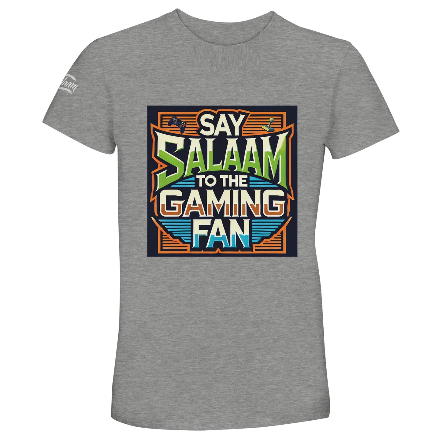 Grey Melange / Heather Grey / Marl Grey / Classic Athletic Grey Blend Say Salaam to the Gaming Fan Design #1 50% Recycled Unisex Cotton T-Shirt with retro vintage gaming typography and framed console artwork. Ideal for Muslim adult gamers balancing five daily prayers with online multiplayer matches, FIFA leagues and console tournaments. Breathable recycled cotton tee suitable for esports culture and modest Islamic apparel.