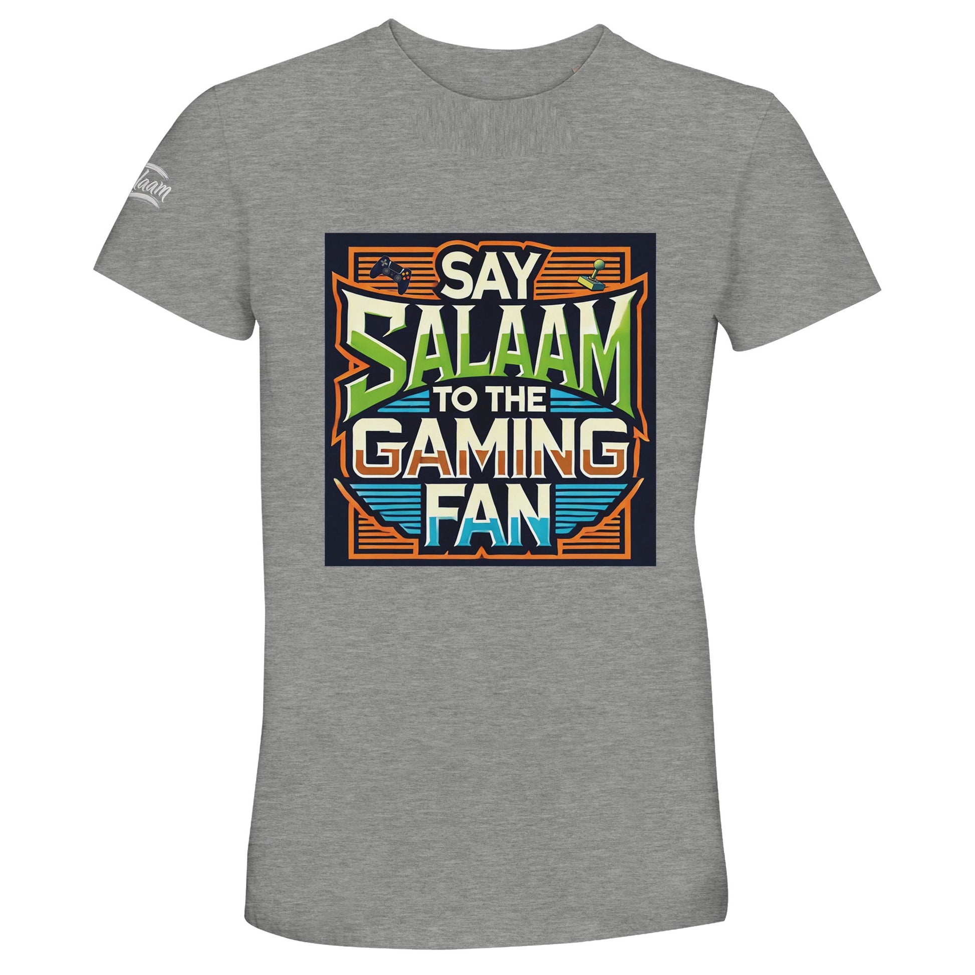 Grey Melange / Heather Grey / Marl Grey / Classic Athletic Grey Blend Say Salaam to the Gaming Fan Design #1 50% Recycled Unisex Cotton T-Shirt with retro vintage gaming typography and framed console artwork. Ideal for Muslim adult gamers balancing five daily prayers with online multiplayer matches, FIFA leagues and console tournaments. Breathable recycled cotton tee suitable for esports culture and modest Islamic apparel.