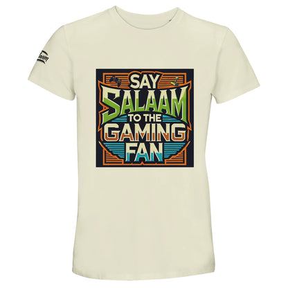 Natural / Moon Mist / Satin Linen / Beige Say Salaam to the Gaming Fan Design #1 50% Recycled Unisex Cotton T-Shirt showcasing bold retro arcade lettering and console graphic. Designed for Muslim gamers who balance five prayers a day with multiplayer gaming sessions, streaming and competitive tournaments. Lightweight recycled cotton crew neck suited for esports events and modest Muslim fashion.