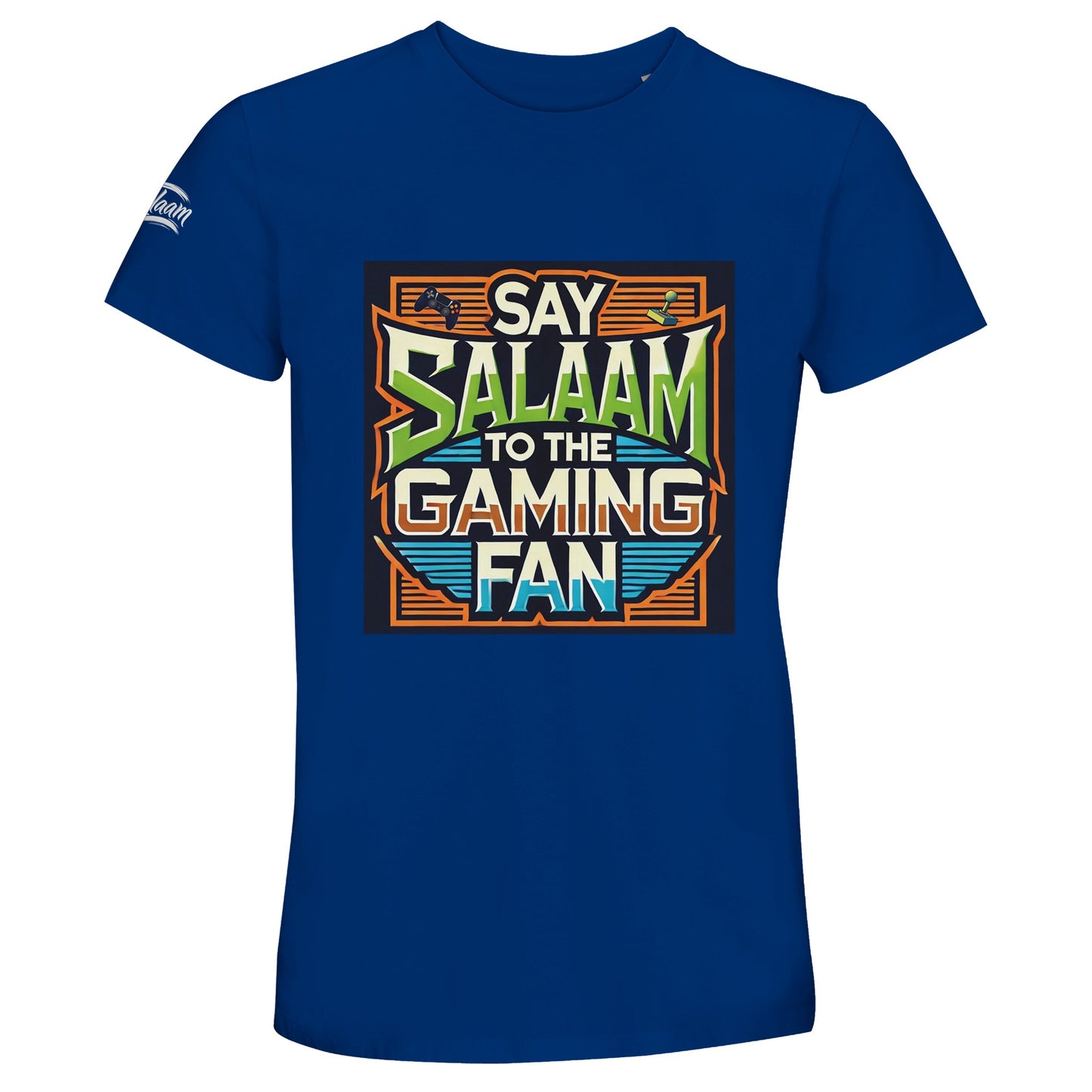 Royal Blue / Dark Midnight Blue Say Salaam to the Gaming Fan Design #1 50% Recycled Unisex Cotton T-Shirt featuring vintage arcade-inspired typography and gaming controller artwork. Created for Muslim gamers balancing five daily prayers with competitive multiplayer sessions on PlayStation and Xbox. Soft recycled cotton fabric ideal for esports competitions and modest Islamic streetwear styling.