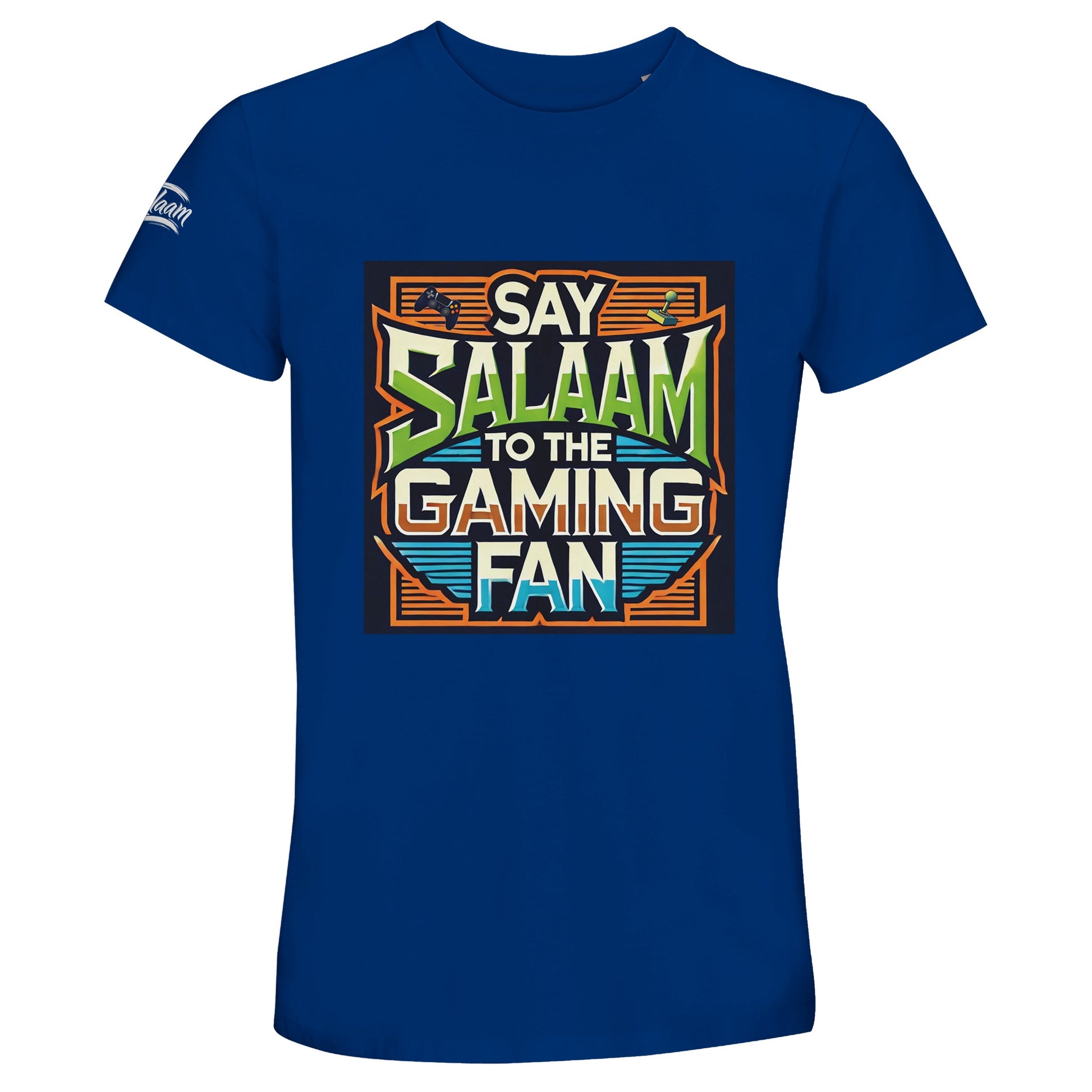 Royal Blue / Dark Midnight Blue Say Salaam to the Gaming Fan Design #1 50% Recycled Unisex Cotton T-Shirt featuring vintage arcade-inspired typography and gaming controller artwork. Created for Muslim gamers balancing five daily prayers with competitive multiplayer sessions on PlayStation and Xbox. Soft recycled cotton fabric ideal for esports competitions and modest Islamic streetwear styling.