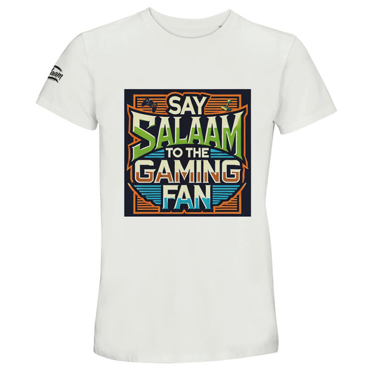 White / Platinum Say Salaam to the Gaming Fan Design #1 50% Recycled Unisex Cotton T-Shirt with crisp retro gaming lettering and bold console artwork. Designed for Muslim gamers managing five daily prayers alongside multiplayer tournaments, FIFA matches and Call of Duty sessions. Comfortable recycled cotton crew neck perfect for esports culture and modest Muslim clothing collections.