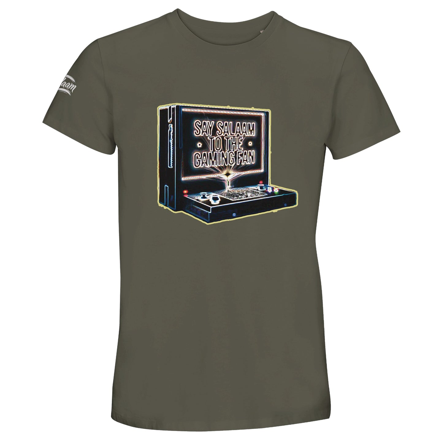 Say Salaam to the Gaming Fan Design 3 50% Recycled Unisex Cotton T-Shirt in Army / Fuscous Grey. Retro vintage inspired graphic featuring a classic console setup and bold lettering, perfect for Muslim and Islamic gamers who enjoy multiplayer sessions on PlayStation, Xbox, FIFA or Call of Duty. Soft breathable crew neck tee for esports nights, online tournaments and casual streetwear, sustainable recycled cotton blend.