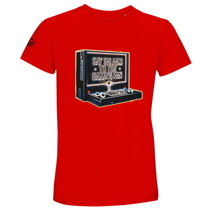 Say Salaam to the Gaming Fan Design 3 50% Recycled Unisex Cotton T-Shirt in Bright Red / Rosso Corsa. Retro vintage console artwork with bold arcade-style print for Muslim and Islamic gaming fans who love competitive online play, FIFA weekends and late-night Call of Duty sessions. Comfortable short sleeve crew neck tee made from recycled cotton blend, ideal for esports events, streaming, LAN parties and everyday casual wear.