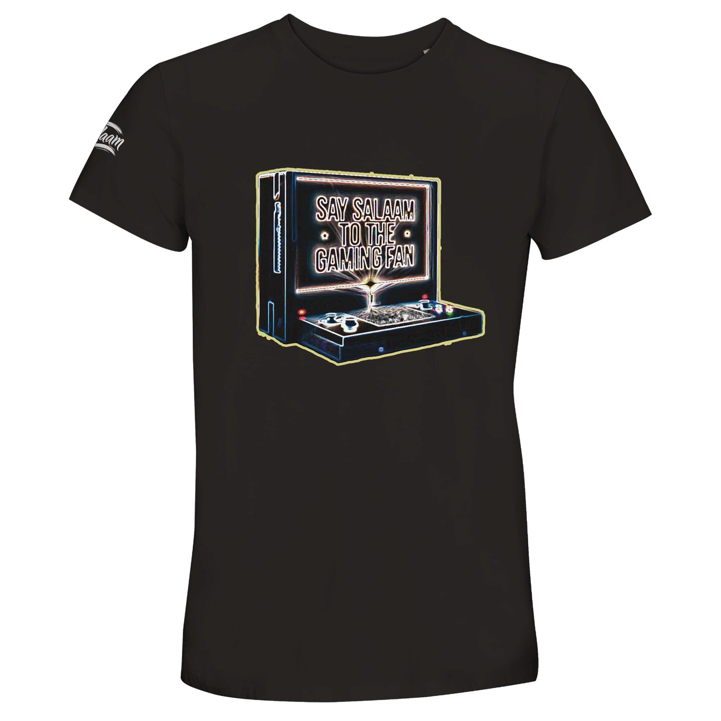 Say Salaam to the Gaming Fan Design 3 50% Recycled Unisex Cotton T-Shirt in Deep Black / Zeus. Vintage retro gaming console design with sharp graphic print, created for Muslim and Islamic gamers who enjoy multiplayer action on PlayStation, Xbox and online FPS titles. Soft breathable crew neck top in sustainable recycled cotton, ideal for esports tournaments, gaming conventions, streaming sessions and relaxed streetwear style.