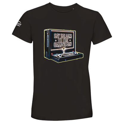 Say Salaam to the Gaming Fan Design 3 50% Recycled Unisex Cotton T-Shirt in Deep Black / Zeus. Vintage retro gaming console design with sharp graphic print, created for Muslim and Islamic gamers who enjoy multiplayer action on PlayStation, Xbox and online FPS titles. Soft breathable crew neck top in sustainable recycled cotton, ideal for esports tournaments, gaming conventions, streaming sessions and relaxed streetwear style.