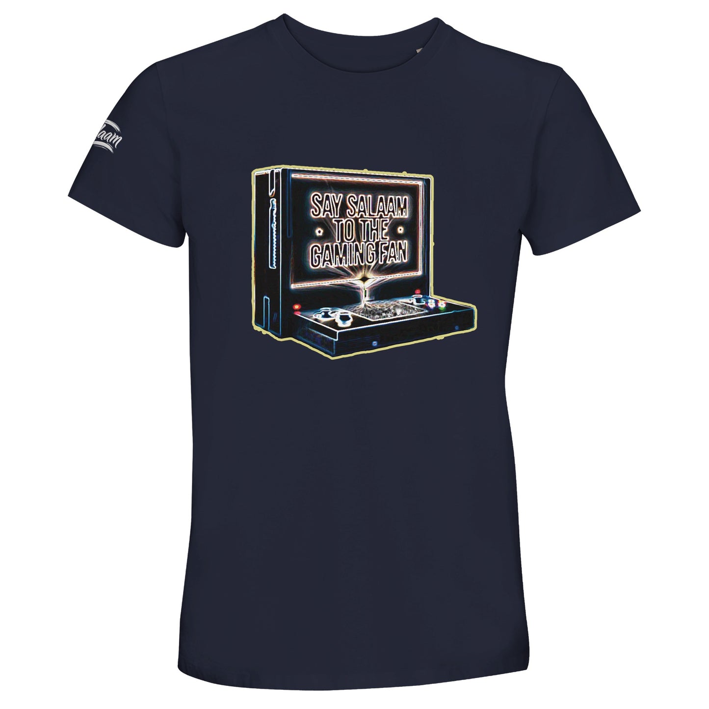 Say Salaam to the Gaming Fan Design 3 50% Recycled Unisex Cotton T-Shirt in French Navy / Ebony Clay. Retro vintage inspired console illustration with bold graphic lettering for Muslim and Islamic gaming enthusiasts who thrive on competitive multiplayer, FIFA matches and online battles. Comfortable short sleeve crew neck crafted from recycled cotton blend, ideal for esports arenas, gaming nights and modern modest street fashion.