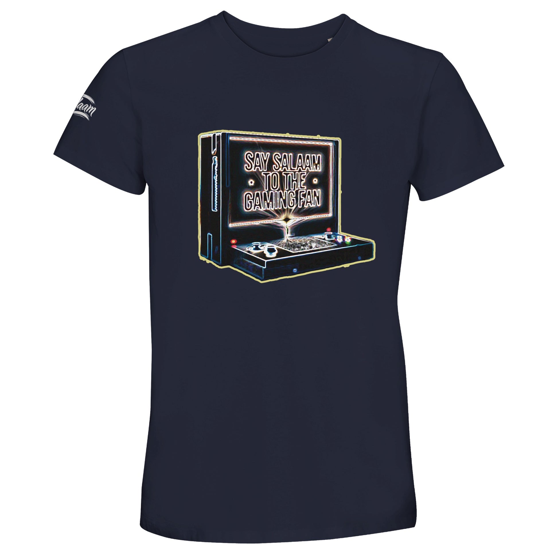 Say Salaam to the Gaming Fan Design 3 50% Recycled Unisex Cotton T-Shirt in French Navy / Ebony Clay. Retro vintage inspired console illustration with bold graphic lettering for Muslim and Islamic gaming enthusiasts who thrive on competitive multiplayer, FIFA matches and online battles. Comfortable short sleeve crew neck crafted from recycled cotton blend, ideal for esports arenas, gaming nights and modern modest street fashion.