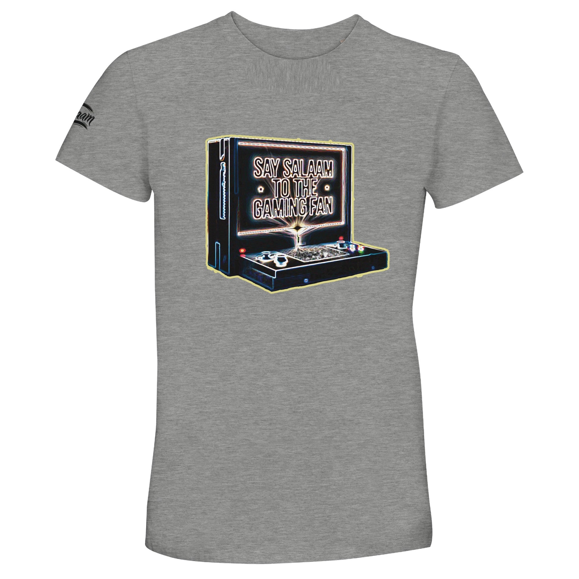 Say Salaam to the Gaming Fan Design 3 50% Recycled Unisex Cotton T-Shirt in Grey Melange / Heather Grey / Marl Grey / Classic Athletic Grey Blend. Vintage retro gaming console artwork with detailed print for Muslim and Islamic gamers who love online co-op, streaming and console culture. Soft sustainable crew neck tee in recycled cotton blend, perfect for esports events, LAN parties, casual everyday wear and gaming lifestyle fashion.