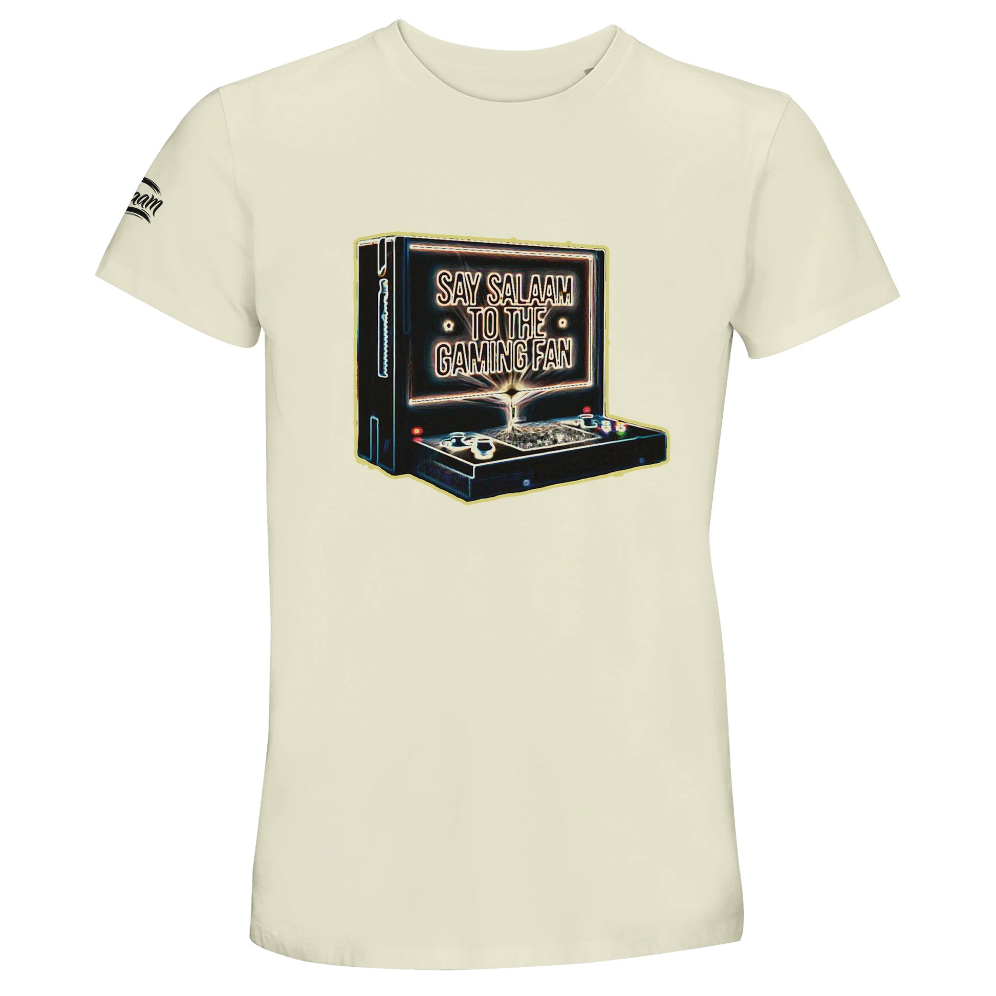 Say Salaam to the Gaming Fan Design 3 50% Recycled Unisex Cotton T-Shirt in Natural / Moon Mist / Satin Linen / Beige. Retro vintage console graphic with bold arcade styling, ideal for Muslim and Islamic gaming fans who enjoy PlayStation tournaments, Xbox multiplayer and online squad sessions. Breathable short sleeve crew neck made from recycled cotton blend, suited for esports gatherings, streaming setups and relaxed modest streetwear.