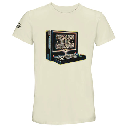 Say Salaam to the Gaming Fan Design 3 50% Recycled Unisex Cotton T-Shirt in Natural / Moon Mist / Satin Linen / Beige. Retro vintage console graphic with bold arcade styling, ideal for Muslim and Islamic gaming fans who enjoy PlayStation tournaments, Xbox multiplayer and online squad sessions. Breathable short sleeve crew neck made from recycled cotton blend, suited for esports gatherings, streaming setups and relaxed modest streetwear.
