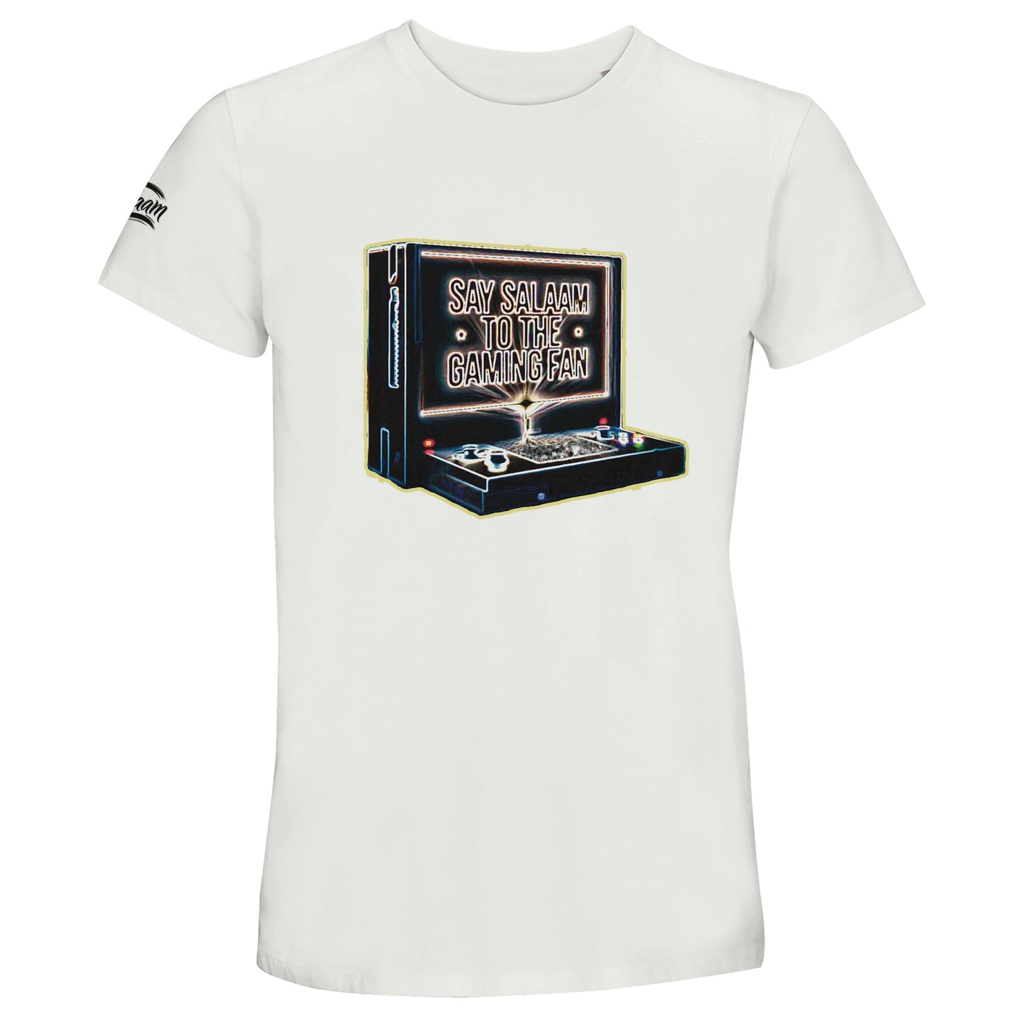  Say Salaam to the Gaming Fan Design 3 50% Recycled Unisex Cotton T-Shirt in White / Platinum. Retro vintage inspired console artwork with crisp graphic lettering for Muslim and Islamic gaming enthusiasts who thrive on multiplayer matches and online console sessions. Comfortable breathable short sleeve crew neck crafted from recycled cotton blend, perfect for esports events, streaming content creation and modern modest gaming fashion.