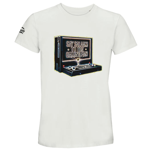  Say Salaam to the Gaming Fan Design 3 50% Recycled Unisex Cotton T-Shirt in White / Platinum. Retro vintage inspired console artwork with crisp graphic lettering for Muslim and Islamic gaming enthusiasts who thrive on multiplayer matches and online console sessions. Comfortable breathable short sleeve crew neck crafted from recycled cotton blend, perfect for esports events, streaming content creation and modern modest gaming fashion.