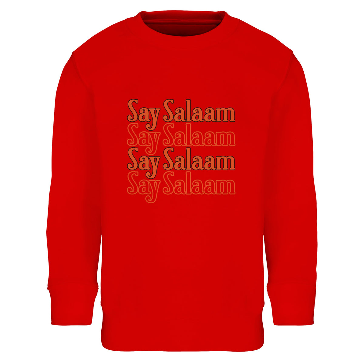 Say Salaam 4-Line Part-Recycled Cotton-Poly Kids Sweatshirt. Classic Say Salaam slogan design. A printed sweatshirt for informal occasions, weekend outfits and gifting.