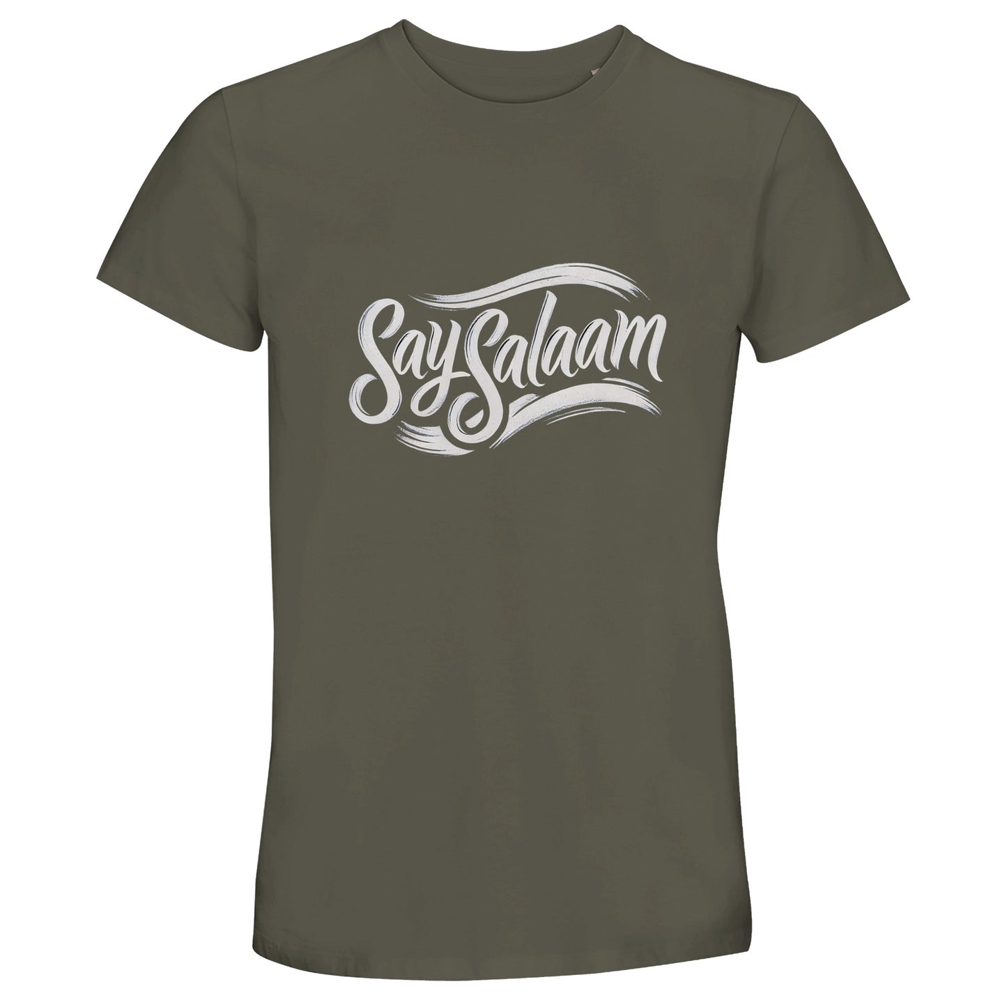 Army / Fuscous Grey Say Salaam Classic 50% Recycled Unisex Cotton T-Shirt (dark) in a deep earthy tone featuring retro vintage Say Salaam script lettering across the chest in flowing calligraphic style. Short-sleeve crew neck tee designed for Muslim men and women who value modest streetwear, five daily prayers rhythm, and faith-inspired fashion. Soft everyday essential reflecting Islamic identity, five pillars symbolism and global Muslim community expression.