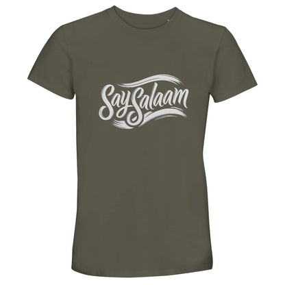 Army / Fuscous Grey Say Salaam Classic 50% Recycled Unisex Cotton T-Shirt (dark) in a deep earthy tone featuring retro vintage Say Salaam script lettering across the chest in flowing calligraphic style. Short-sleeve crew neck tee designed for Muslim men and women who value modest streetwear, five daily prayers rhythm, and faith-inspired fashion. Soft everyday essential reflecting Islamic identity, five pillars symbolism and global Muslim community expression.