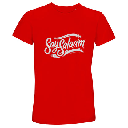 Bright Red / Rosso Corsa Say Salaam Classic 50% Recycled Unisex Cotton T-Shirt (dark) showcasing bold retro vintage Say Salaam script in contrasting print across the chest. Short-sleeve crew neck top blending modern Muslim lifestyle with classic calligraphy aesthetics. Inspired by five prayers a day and the five pillars of Islam, this faith-led graphic tee offers confident modest fashion for the worldwide Muslim population seeking expressive yet timeless Islamic clothing.