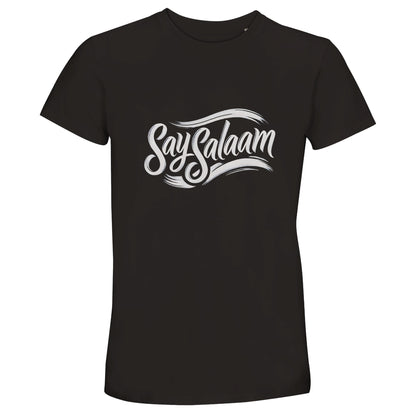 Deep Black / Zeus Say Salaam Classic 50% Recycled Unisex Cotton T-Shirt (dark) in a strong monochrome base with vintage retro Say Salaam flowing script logo at centre chest. Unisex short-sleeve crew neck designed for everyday Muslim wear, reflecting five daily salah rhythm and five pillars meaning. Minimalist Islamic graphic tee suited to men and women within the global Muslim community who appreciate subtle faith-based streetwear style.