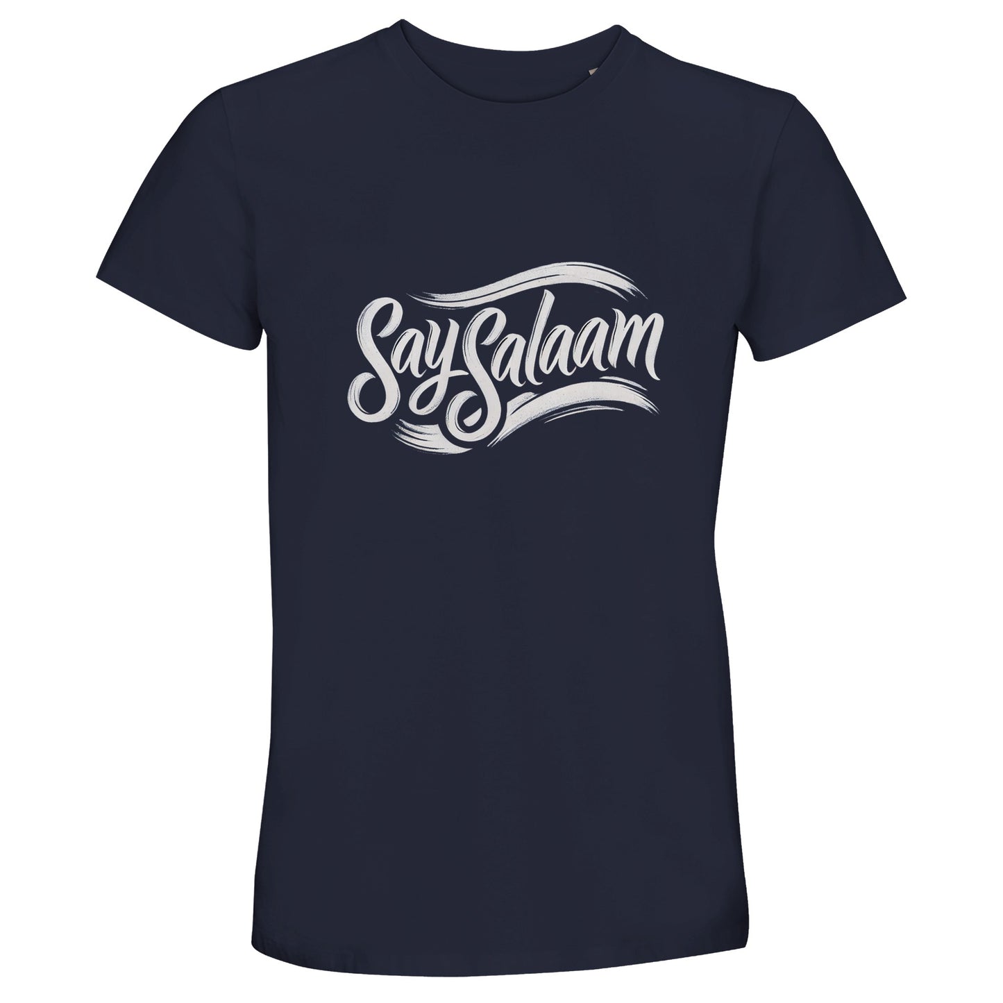 French Navy / Ebony Clay Say Salaam Classic 50% Recycled Unisex Cotton T-Shirt (dark) featuring retro vintage Say Salaam script lettering with sweeping calligraphic lines. Short-sleeve crew neck tee ideal for modest Muslim fashion, referencing five prayers a day and five pillars foundations through meaningful Islamic branding. Designed for the worldwide Muslim population seeking classic faith apparel with timeless everyday styling.