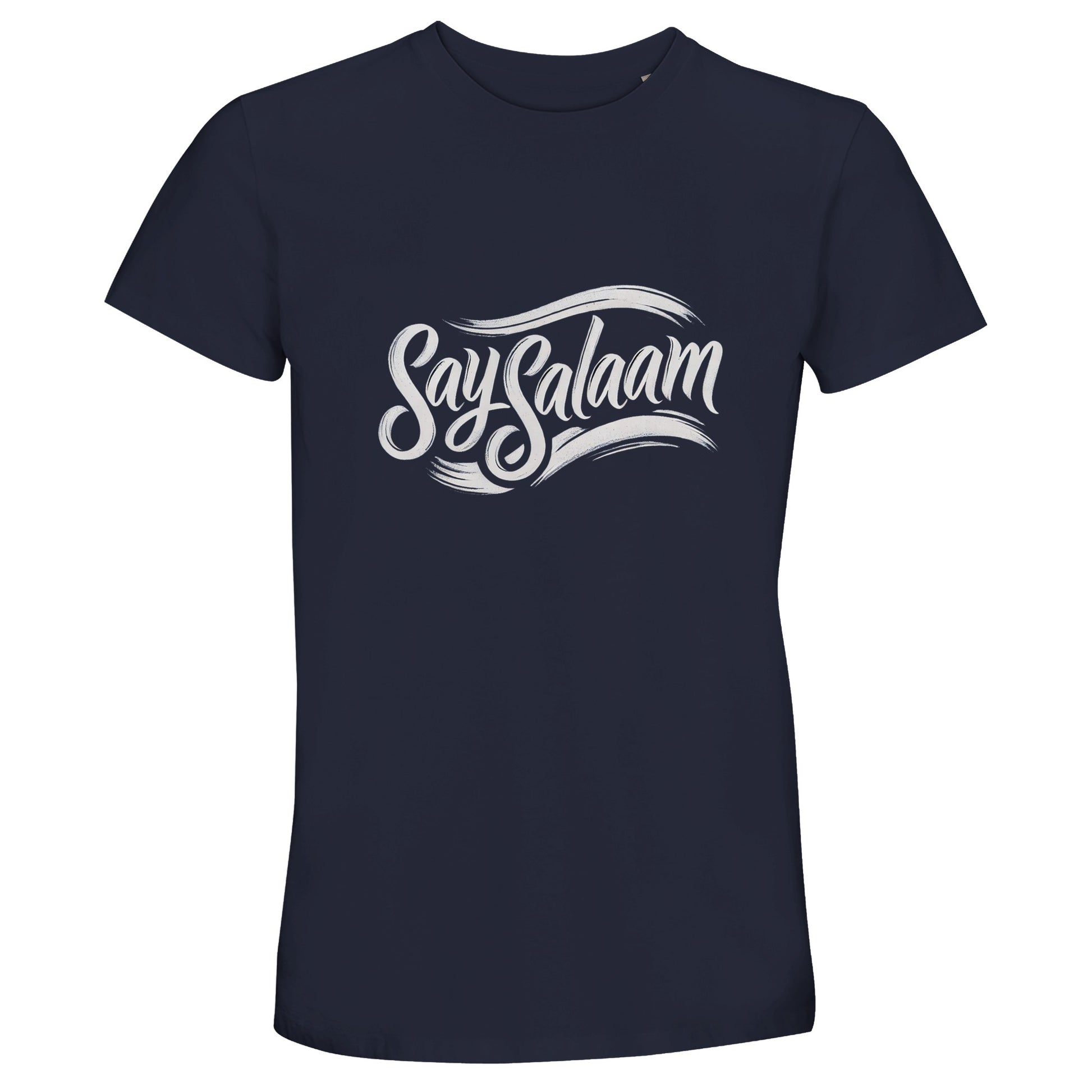 French Navy / Ebony Clay Say Salaam Classic 50% Recycled Unisex Cotton T-Shirt (dark) featuring retro vintage Say Salaam script lettering with sweeping calligraphic lines. Short-sleeve crew neck tee ideal for modest Muslim fashion, referencing five prayers a day and five pillars foundations through meaningful Islamic branding. Designed for the worldwide Muslim population seeking classic faith apparel with timeless everyday styling.