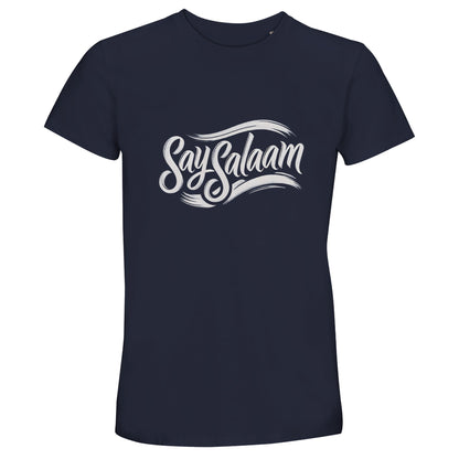 French Navy / Ebony Clay Say Salaam Classic 50% Recycled Unisex Cotton T-Shirt (dark) featuring retro vintage Say Salaam script lettering with sweeping calligraphic lines. Short-sleeve crew neck tee ideal for modest Muslim fashion, referencing five prayers a day and five pillars foundations through meaningful Islamic branding. Designed for the worldwide Muslim population seeking classic faith apparel with timeless everyday styling.