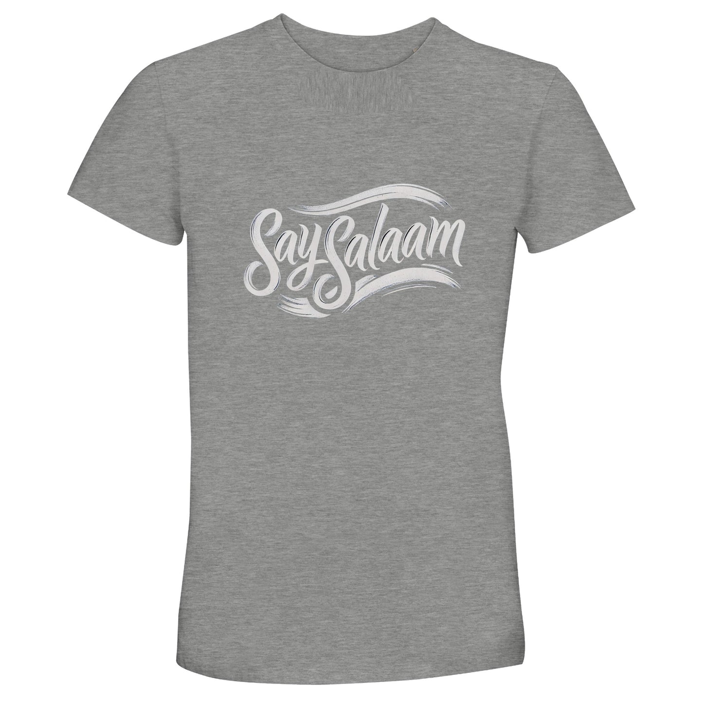 Grey Melange / Heather Grey / Marl Grey / Classic Athletic Grey Blend Say Salaam Classic 50% Recycled Unisex Cotton T-Shirt (dark) displaying retro vintage Say Salaam script logo in clean contrast. Unisex short-sleeve crew neck combining minimalist Islamic design with references to five daily prayers and the five pillars of Islam. Everyday modest tee for men and women across the global Muslim community embracing faith-centred streetwear.
