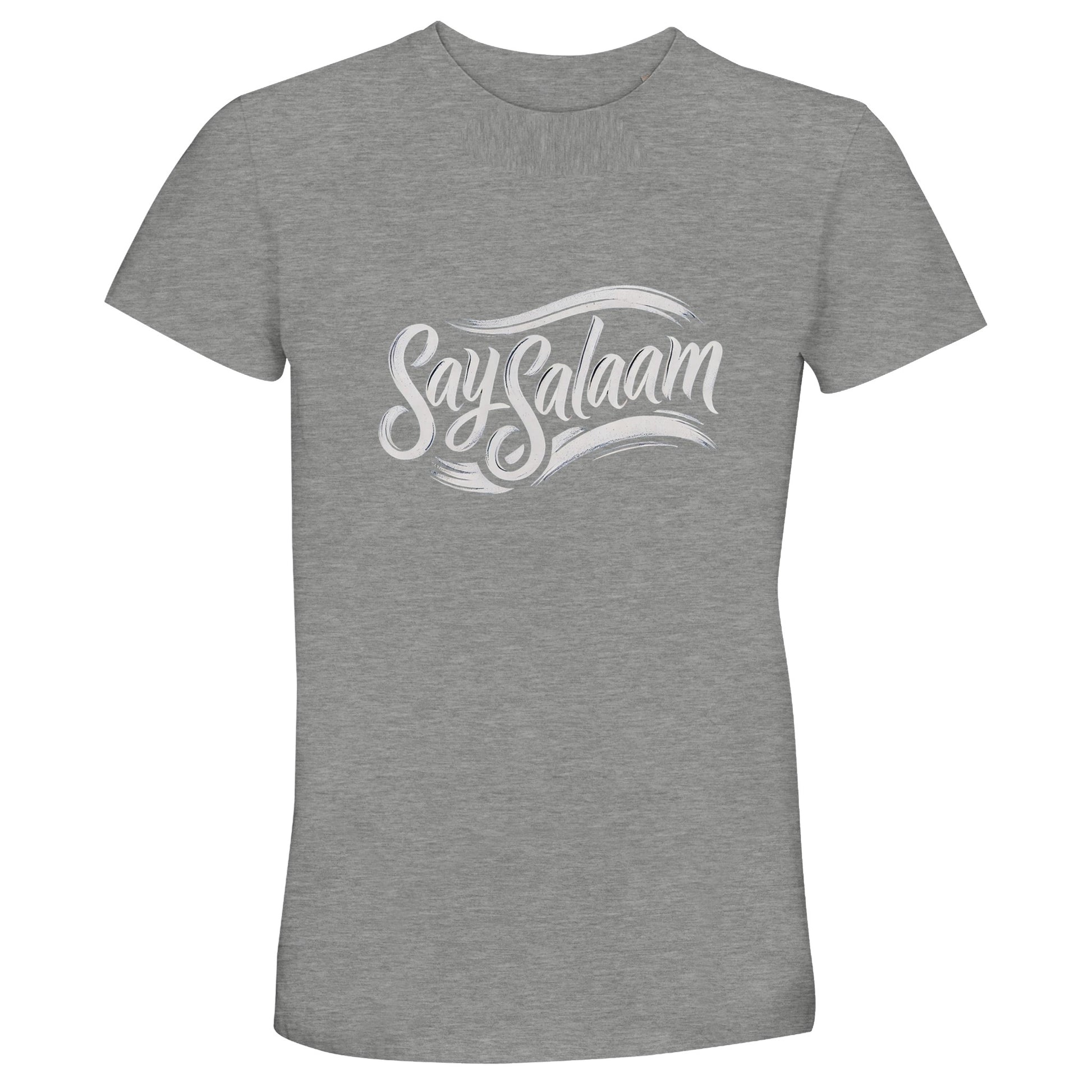Grey Melange / Heather Grey / Marl Grey / Classic Athletic Grey Blend Say Salaam Classic 50% Recycled Unisex Cotton T-Shirt (dark) displaying retro vintage Say Salaam script logo in clean contrast. Unisex short-sleeve crew neck combining minimalist Islamic design with references to five daily prayers and the five pillars of Islam. Everyday modest tee for men and women across the global Muslim community embracing faith-centred streetwear.