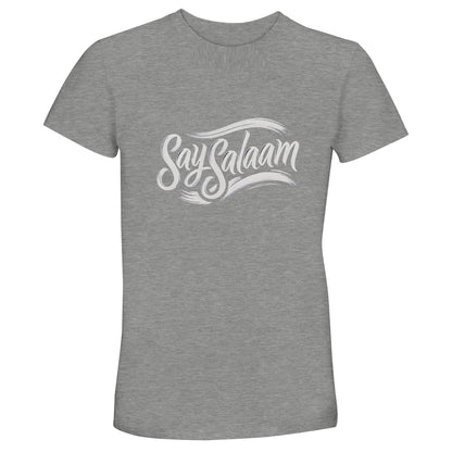 Grey Melange / Heather Grey / Marl Grey / Classic Athletic Grey Blend Say Salaam Classic 50% Recycled Unisex Cotton T-Shirt (dark) displaying retro vintage Say Salaam script logo in clean contrast. Unisex short-sleeve crew neck combining minimalist Islamic design with references to five daily prayers and the five pillars of Islam. Everyday modest tee for men and women across the global Muslim community embracing faith-centred streetwear.