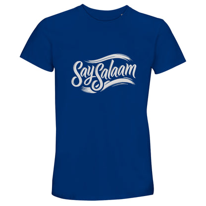 Royal Blue / Dark Midnight Blue Say Salaam Classic 50% Recycled Unisex Cotton T-Shirt (dark) in a rich bold tone with vintage retro Say Salaam flowing script print across the chest. Short-sleeve crew neck designed for Muslim men and women celebrating five prayers a day and five pillars identity. Faith-inspired Islamic graphic tee offering modest contemporary style for the worldwide Muslim population.