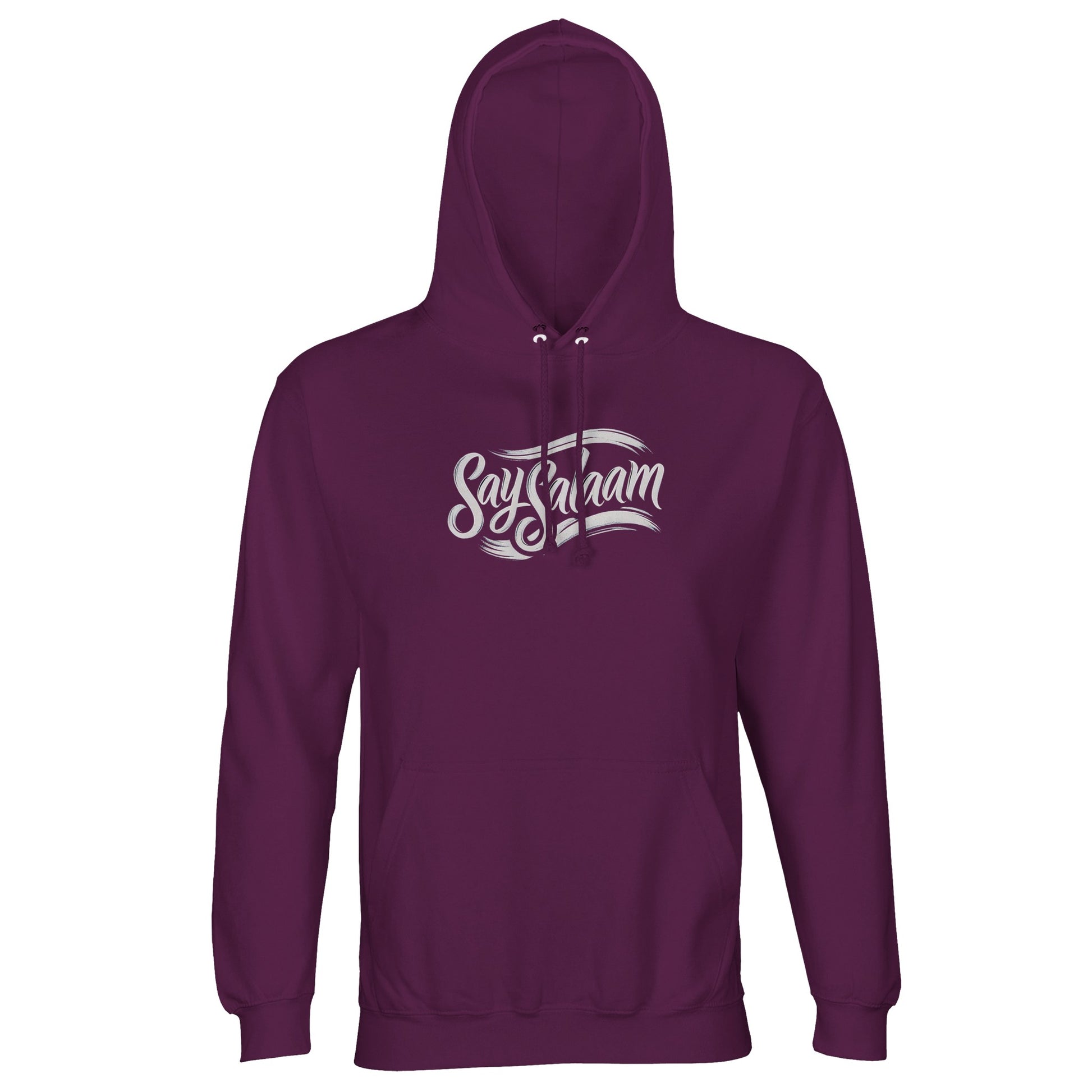 Say Salaam Classic Part-Recycled Unisex Cotton-Poly Hoodie – Astral Purple / Wine Berry / Reddish Magenta featuring the Say Salaam brand logo in white script. A bold, plain hooded top made from warm cotton-poly blend, created for modest winter clothing and simple daily wear. Ideal for Muslim youth or those who like minimalist fashion in standout colours. A great Eid or birthday present for Muslim fans of ethical brands, Islamic streetwear, or anyone who wants to say assalamualaikum with a pop of colour.