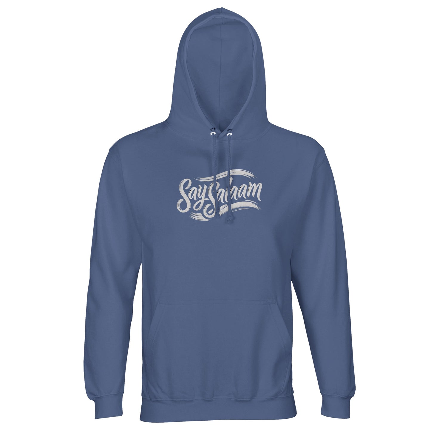 Say Salaam Classic Part-Recycled Unisex Cotton-Poly Hoodie – Blue / Marble Blue / Blue-Grey / Waikawa Grey featuring the Say Salaam brand logo in white script. A plain, soft hoodie made for modest winter clothing, with simple, versatile style that fits everyday life. Great for prayer breaks, relaxing at home, or uni and college campus layering. This makes a brilliant faith-friendly gift for young Muslims, ethical fashion fans, or anyone looking to dress warm and clean and say Salaam with substance.