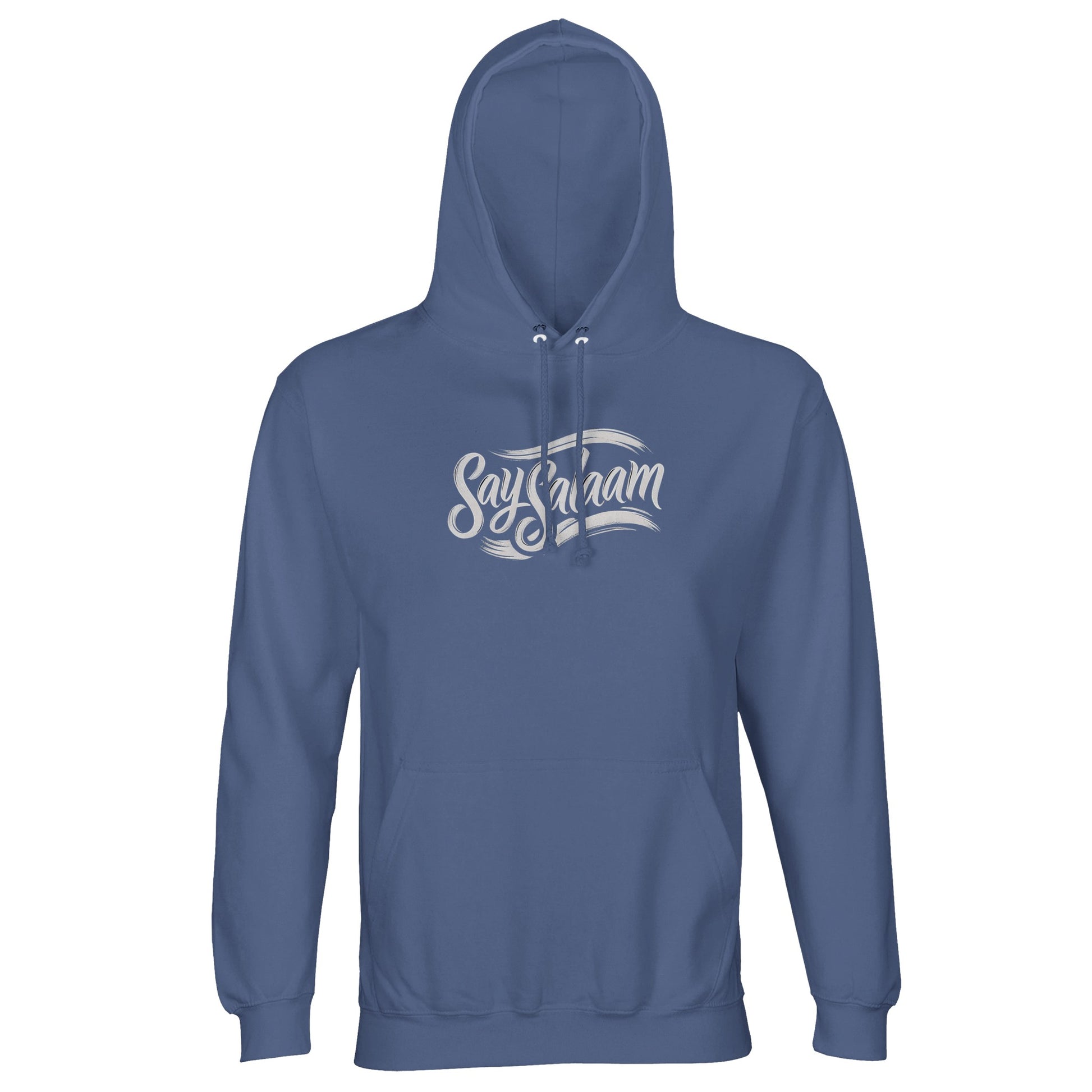 Say Salaam Classic Part-Recycled Unisex Cotton-Poly Hoodie – Blue / Marble Blue / Blue-Grey / Waikawa Grey featuring the Say Salaam brand logo in white script. A plain, soft hoodie made for modest winter clothing, with simple, versatile style that fits everyday life. Great for prayer breaks, relaxing at home, or uni and college campus layering. This makes a brilliant faith-friendly gift for young Muslims, ethical fashion fans, or anyone looking to dress warm and clean and say Salaam with substance.