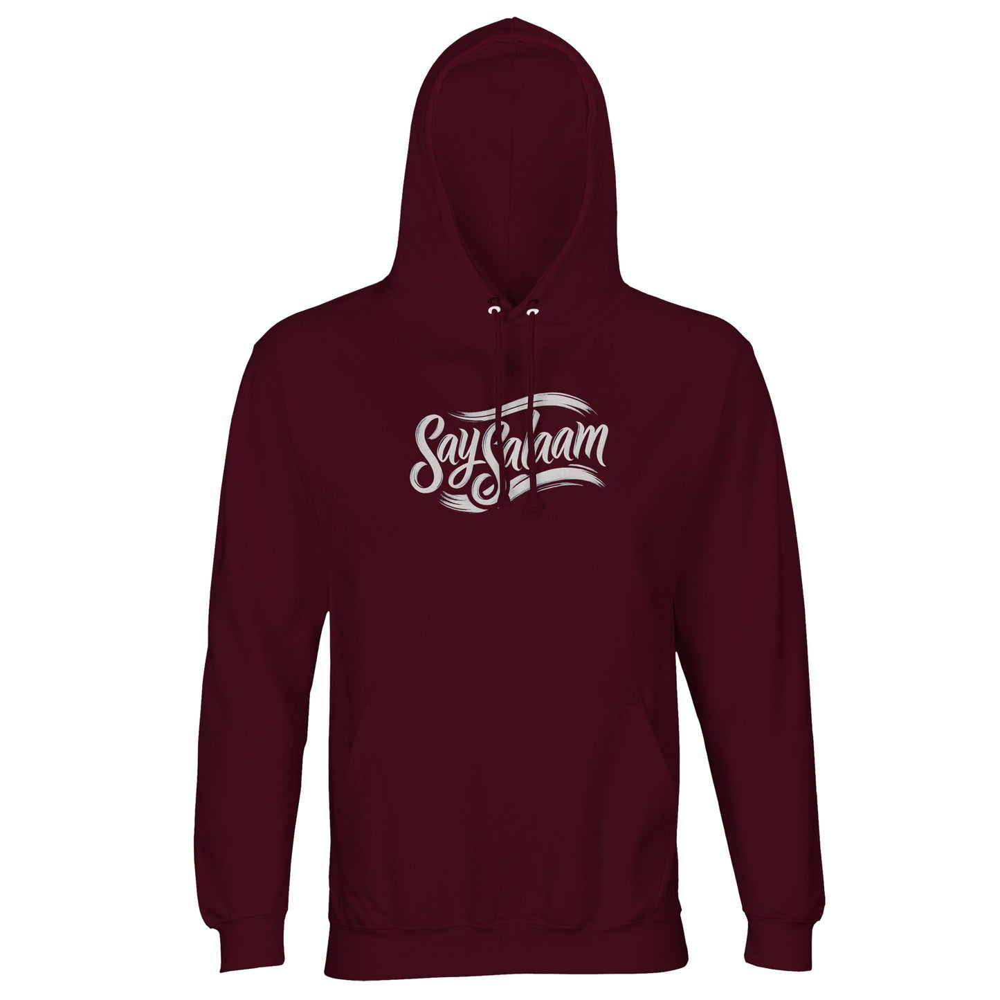 Say Salaam Classic Part-Recycled Unisex Cotton-Poly Hoodie – Burgundy / Dark Sienna featuring the Say Salaam brand logo in white script. A deep-toned, plain pullover made from warm cotton-poly blend, designed for simple, modest winter clothing for Muslims or those who know assalam alaikum. This hooded top makes a thoughtful Ramadan or Eid gift for those into faith-inspired fashion, ethical brands, or minimalist Islamic streetwear. Wearable comfort, great for layering and looking fresh in cold weather.