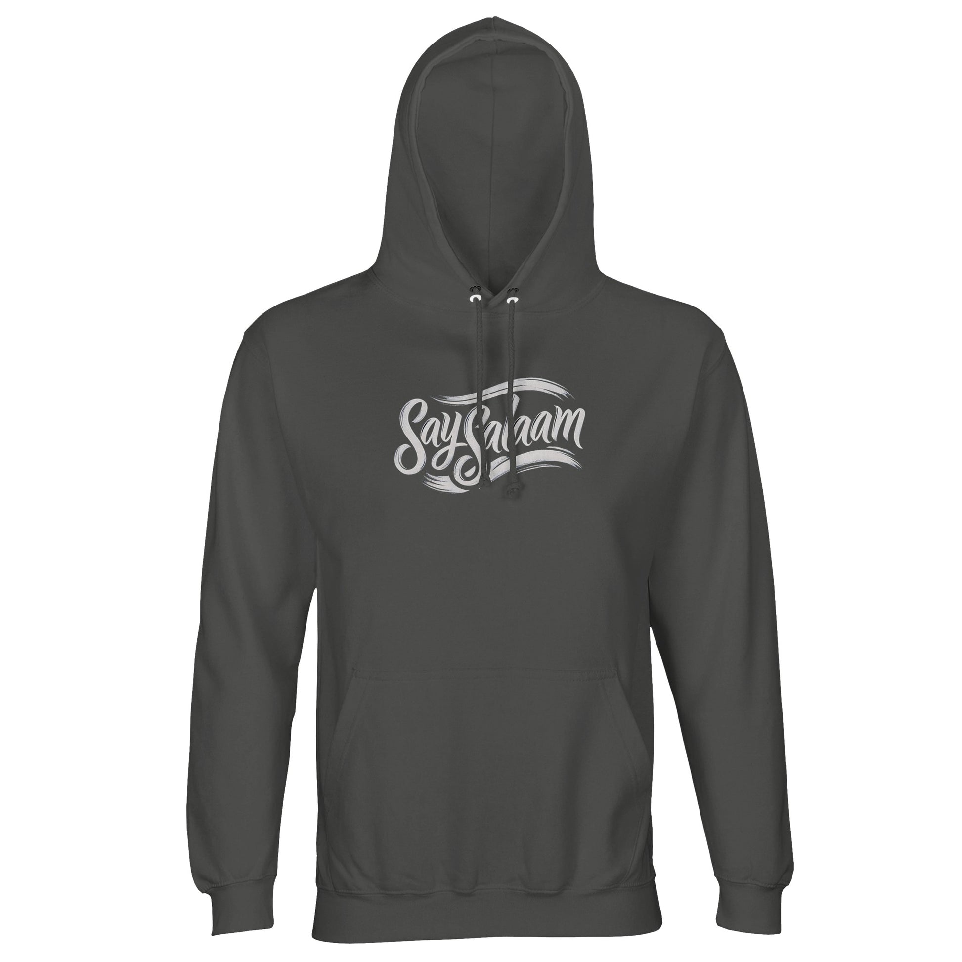 Say Salaam Classic Part-Recycled Unisex Cotton-Poly Hoodie – Charcoal Melange / Black Cow featuring the Say Salaam brand logo in white script. A neutral, plain hooded pullover designed for modest winter clothing and simple everyday layering. Great for prayer breaks, post-gym wear, or lounging in style. Ideal as a birthday, Eid or Ramadan gift for Muslim men or women into understated Islamic fashion, clean design, and sustainable basics that look good year-round. Say assalamualaikum to friends with this.