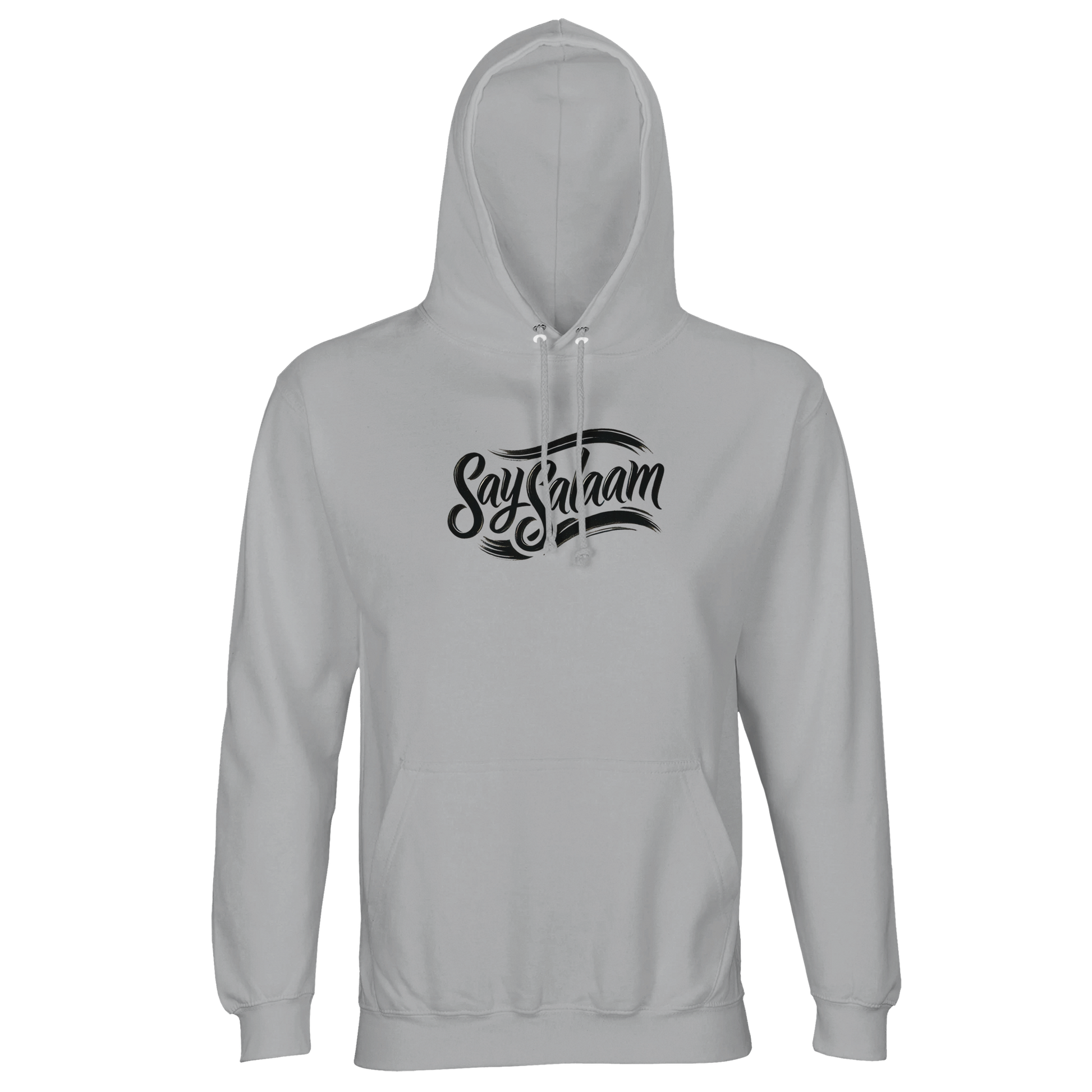 Ash / Silver Chalice Say Salaam Classic part-recycled unisex hooded top featuring the branded Say Salaam script logo across the chest in black, set on a soft ash tone that reads modern, understated, and easy to style as modest apparel. This is everyday Muslim clothing designed for comfort and layering, casual fits, and daily wear that keeps Islamic identity visible without shouting. A warm, brushed feel hooded sweater with a handle, offering good value from an Islamic shop focused on clothes Muslims wear.