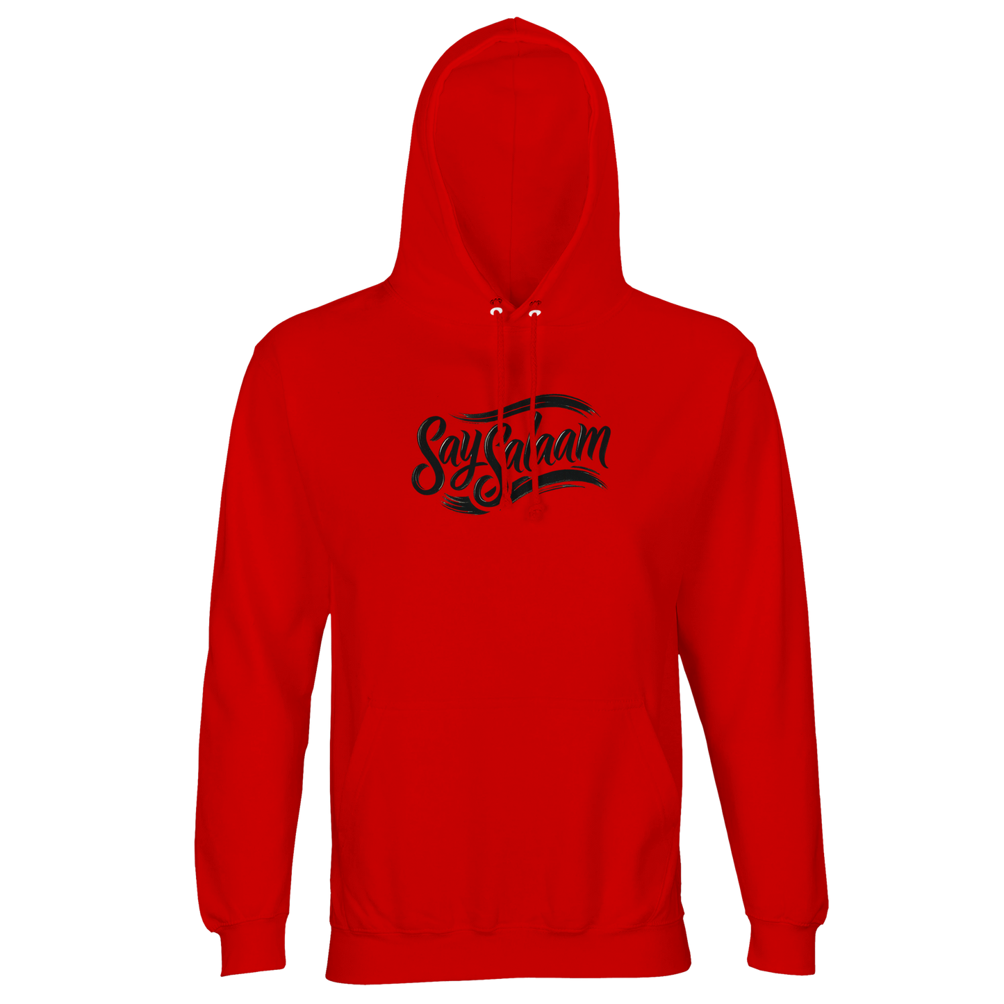 Bright Red / Rosso Corsa Say Salaam Classic part-recycled unisex hooded top with a black ‘Say Salaam’ script logo printed across the chest, delivering bold contrast and a strong branded look. This is Muslim clothing with confident colour, built as modest apparel that still feels modern and ideal for daily wear, layering, and making the greeting visible in a simple, wearable way. A warm hooded sweatshirt with a brushed feel and solid, good-value practicality from an Islamic shop of clothes Muslims wear.