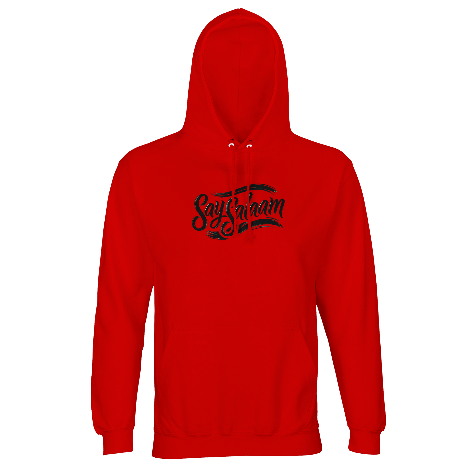 Bright Red / Rosso Corsa Say Salaam Classic part-recycled unisex hooded top with a black ‘Say Salaam’ script logo printed across the chest, delivering bold contrast and a strong branded look. This is Muslim clothing with confident colour, built as modest apparel that still feels modern and ideal for daily wear, layering, and making the greeting visible in a simple, wearable way. A warm hooded sweatshirt with a brushed feel and solid, good-value practicality from an Islamic shop of clothes Muslims wear.