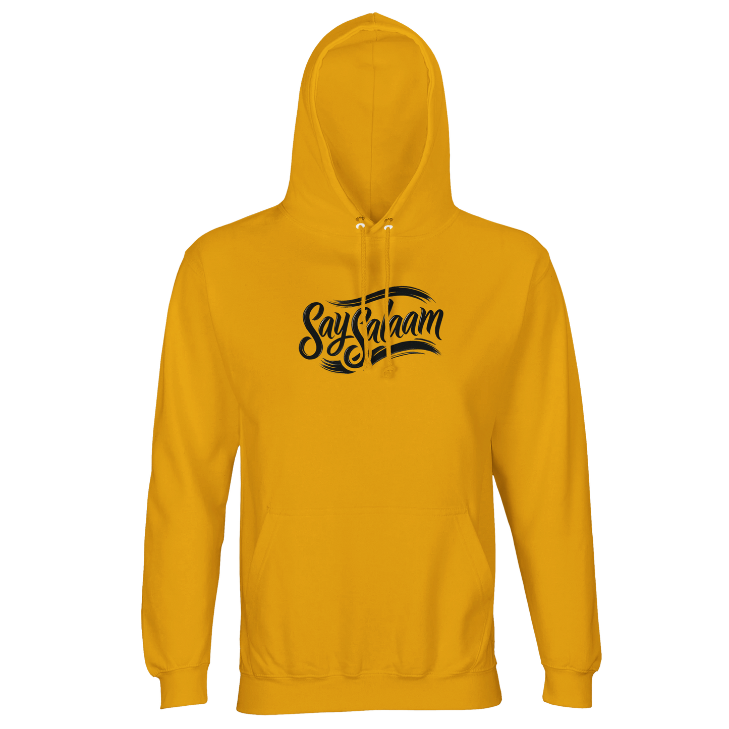 Gold / Gamboge Say Salaam Classic part-recycled unisex hooded top featuring the branded ‘Say Salaam’ script logo across the chest in black, paired with a rich gold tone that feels warm, distinctive, and easy to build outfits around. A modest wear staple for Muslim clothing that keeps the message central and readable, clean branded identity. A comfortable hooded jumper with a brushed, cosy feel and good-value everyday practicality, suited to an Islamic shop collection focused on clothes Muslims wear.